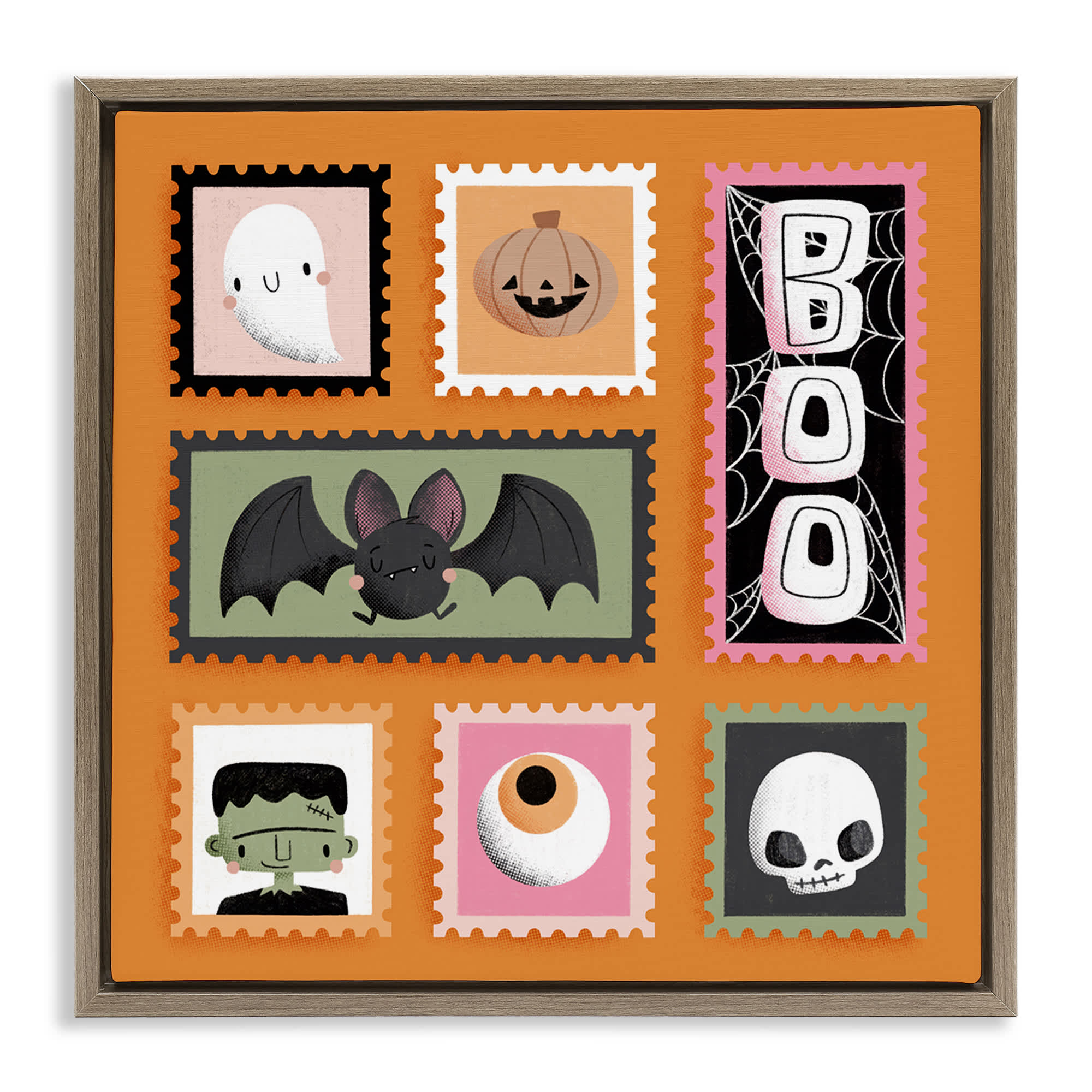Stupell Industries BT-438-FFE-17X17 Spooky Cute Halloween Stamps Brown Framed Floater Canvas Wall Art By Sarah Hickman 18 x 18
