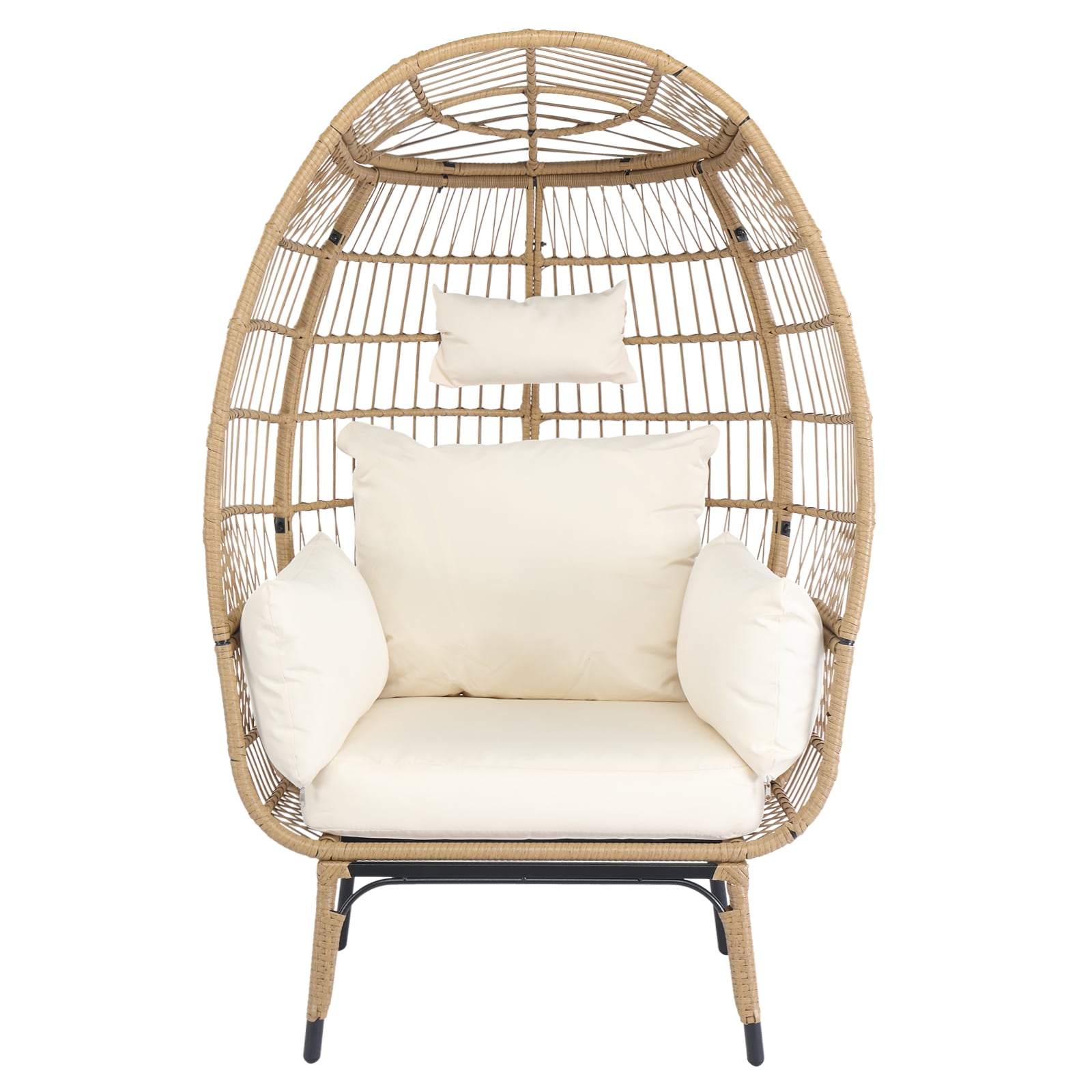 Winado LO1G56000675 Wicker Wood Color Steel Frame Stationary Egg Chair with Off-white Cushioned Seat
