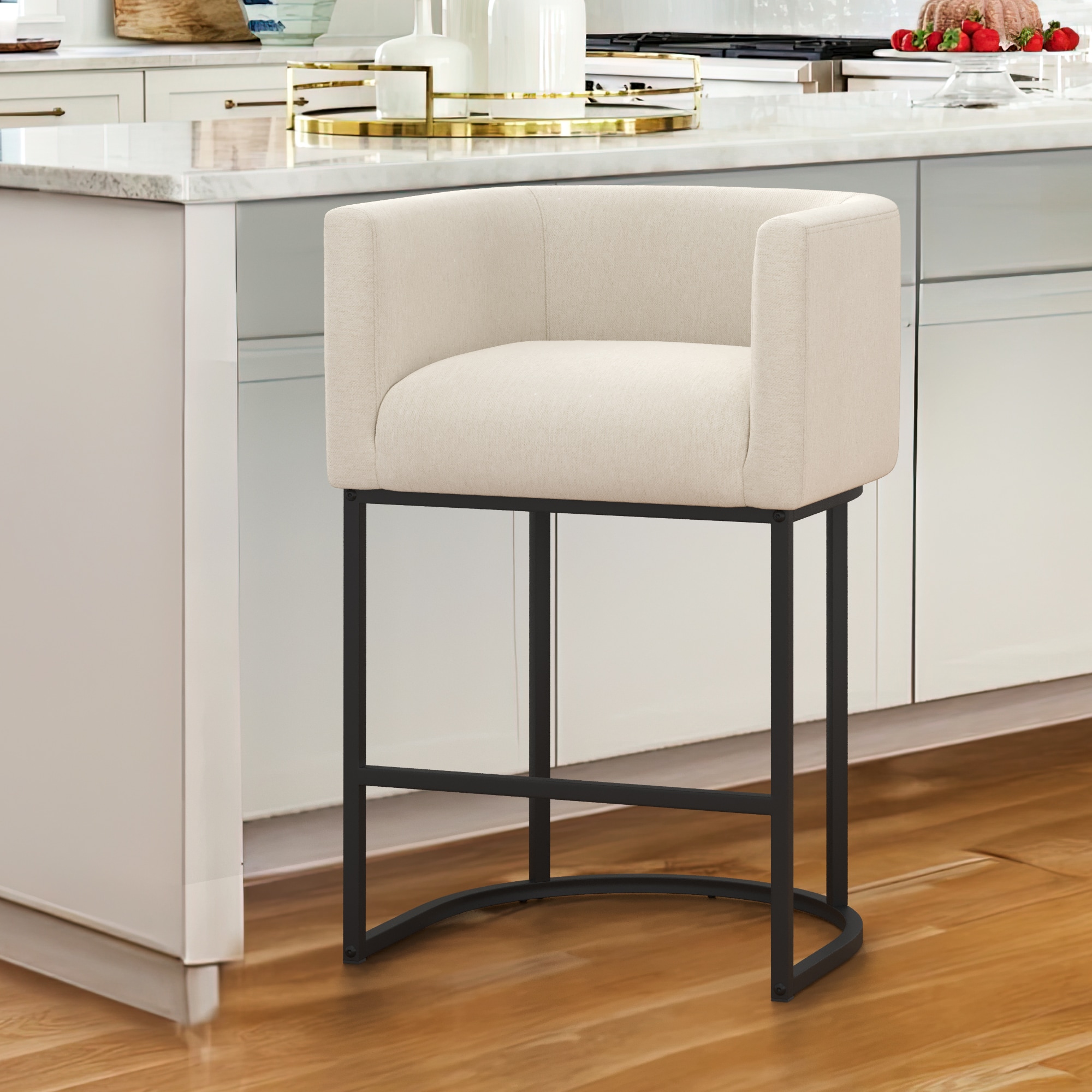 LUE BONA YB-053-02LS Linen Color 27-in H Counter height (24-in to 27-in) Square Seat Upholstered Metal Back Bar Stool Back