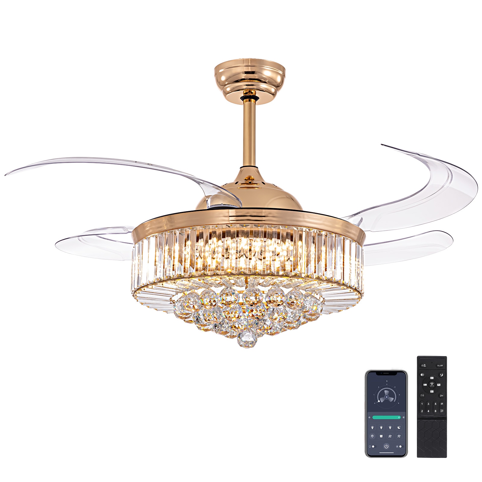 SILJOY LL-8111-48G 48-in Gold Crystal Ceiling Fan with Light and Remote Control Included