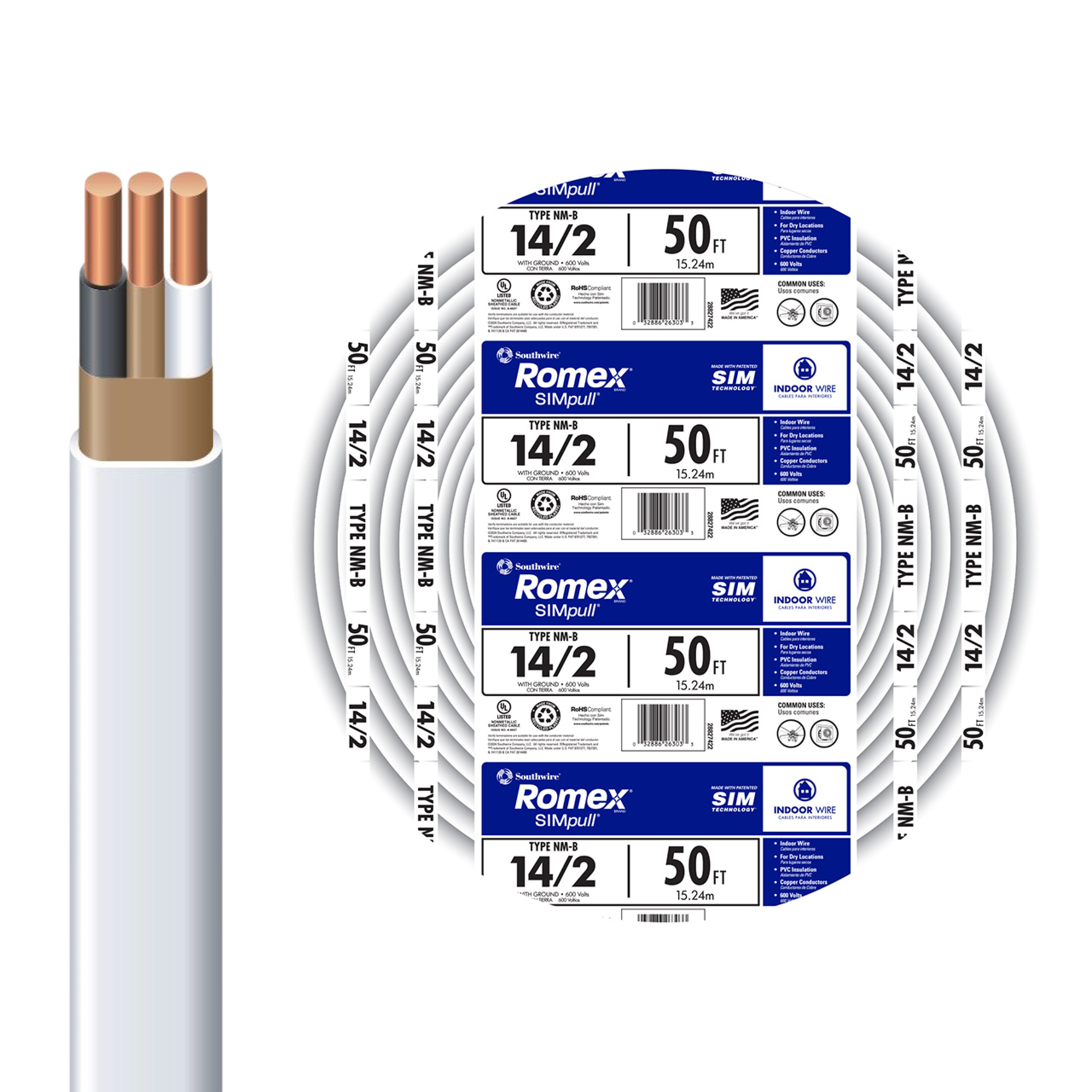 Southwire 50-ft 14 / 2 Romex SIMpull Solid CU NM-B Individual pack ( By-the-roll )