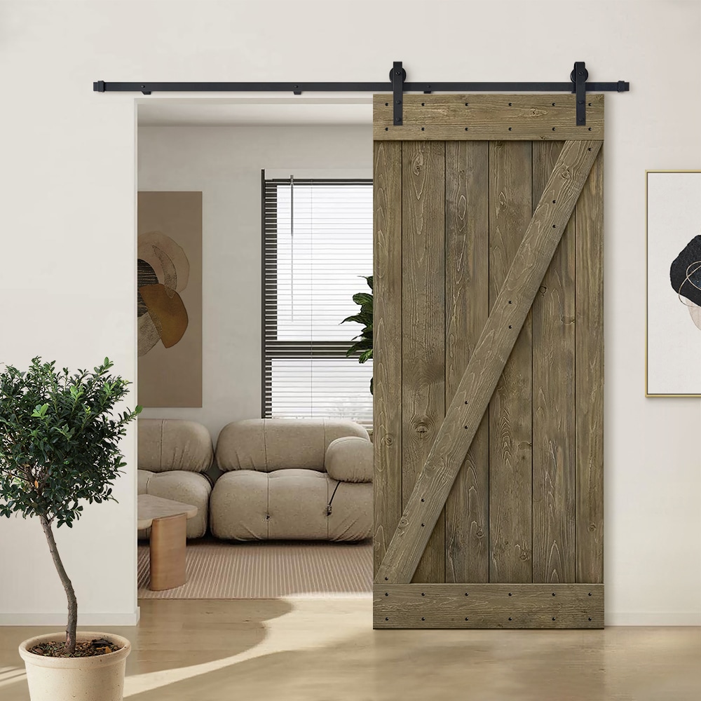 CALHOME 22-in x 84-in Aged Barrel Knotty Pine Wood Single Barn Door ...