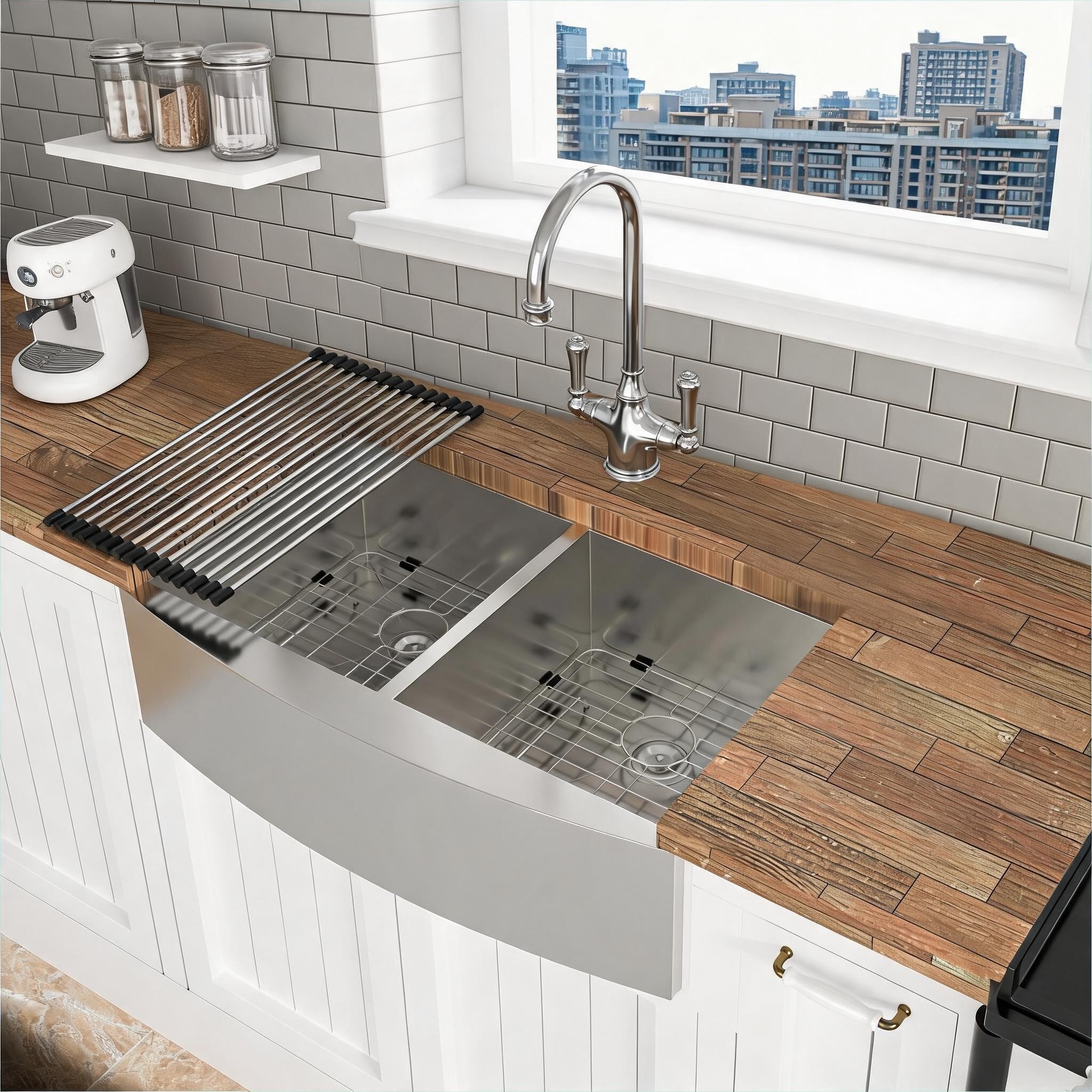 Watnature 36 Inch 50/50 Double Bowl Apron Front Farmhouse Kitchen Sink 16 Gauge T304 Stainless Steel #HA1VWO7SEWHU