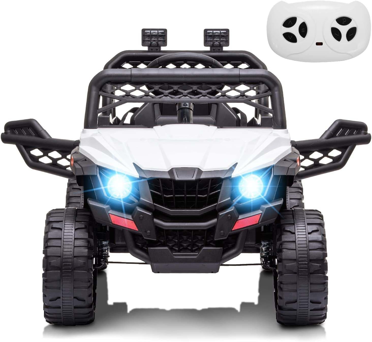 Qeetex LHF-TC-PTO-0WOJ0KR0 12V Kids Ride On Car Truck with Parent Remote Control - Spring Suspension - LED Lights - Open Doors - Safety Belt - AUX Port - Music - Spring Suspension - White