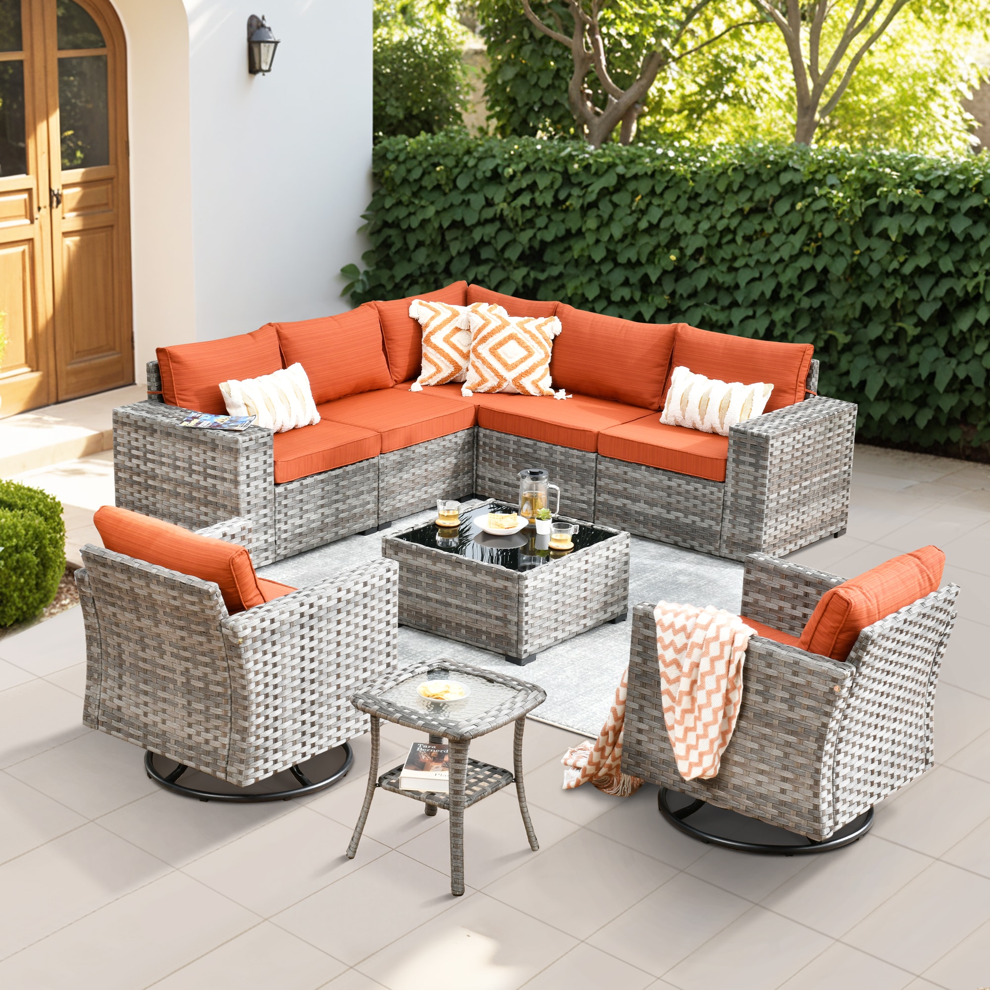 Ovios KFS800Y Shine Wicker Outdoor Sectional with Orange Cushions and Iron Frame