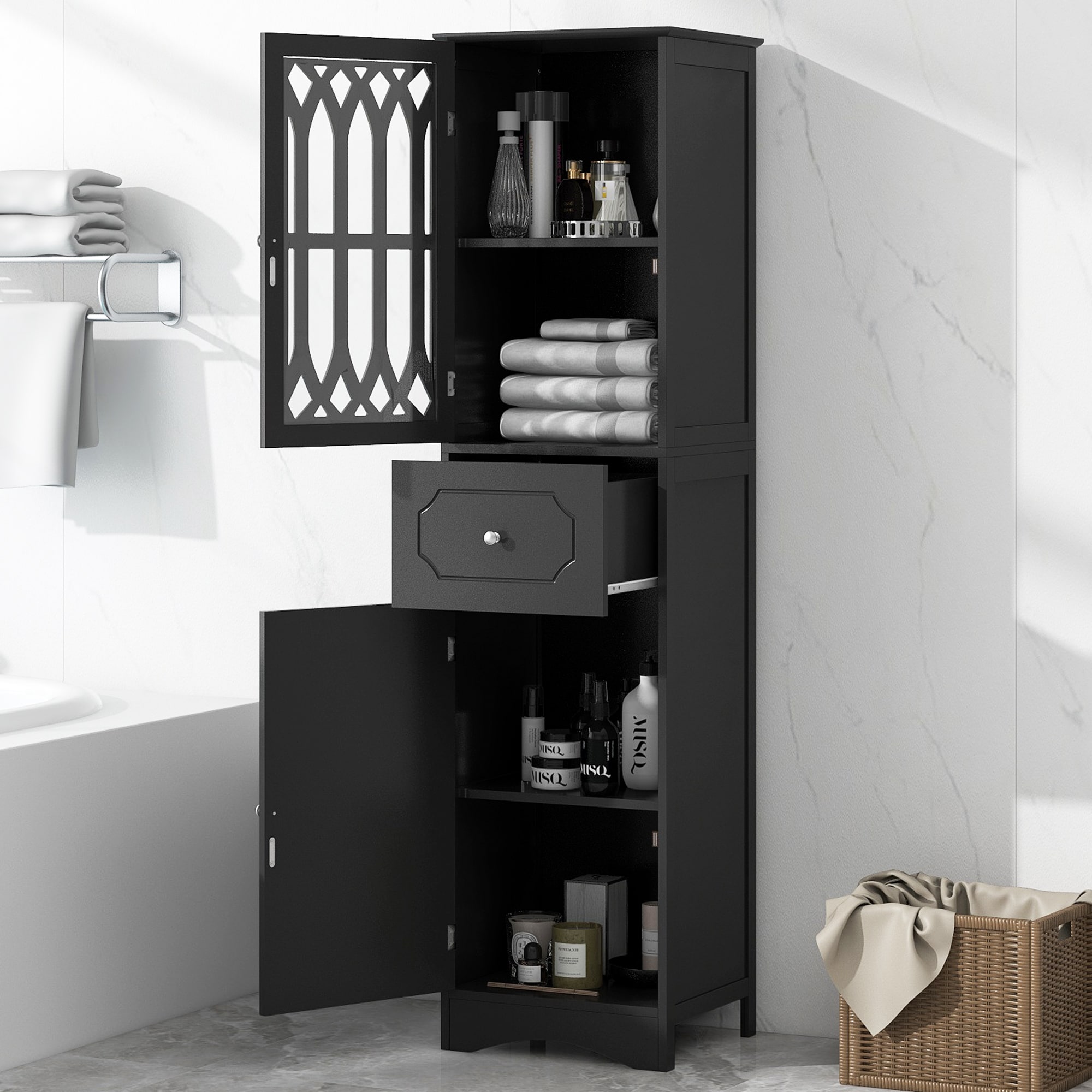 LOVMOR SF-M-WF289427AAB Tall Bathroom Cabinet Freestanding Storage Cabinet with Drawer and Doors MDF Board Acrylic Door Adjustable Shelf Black