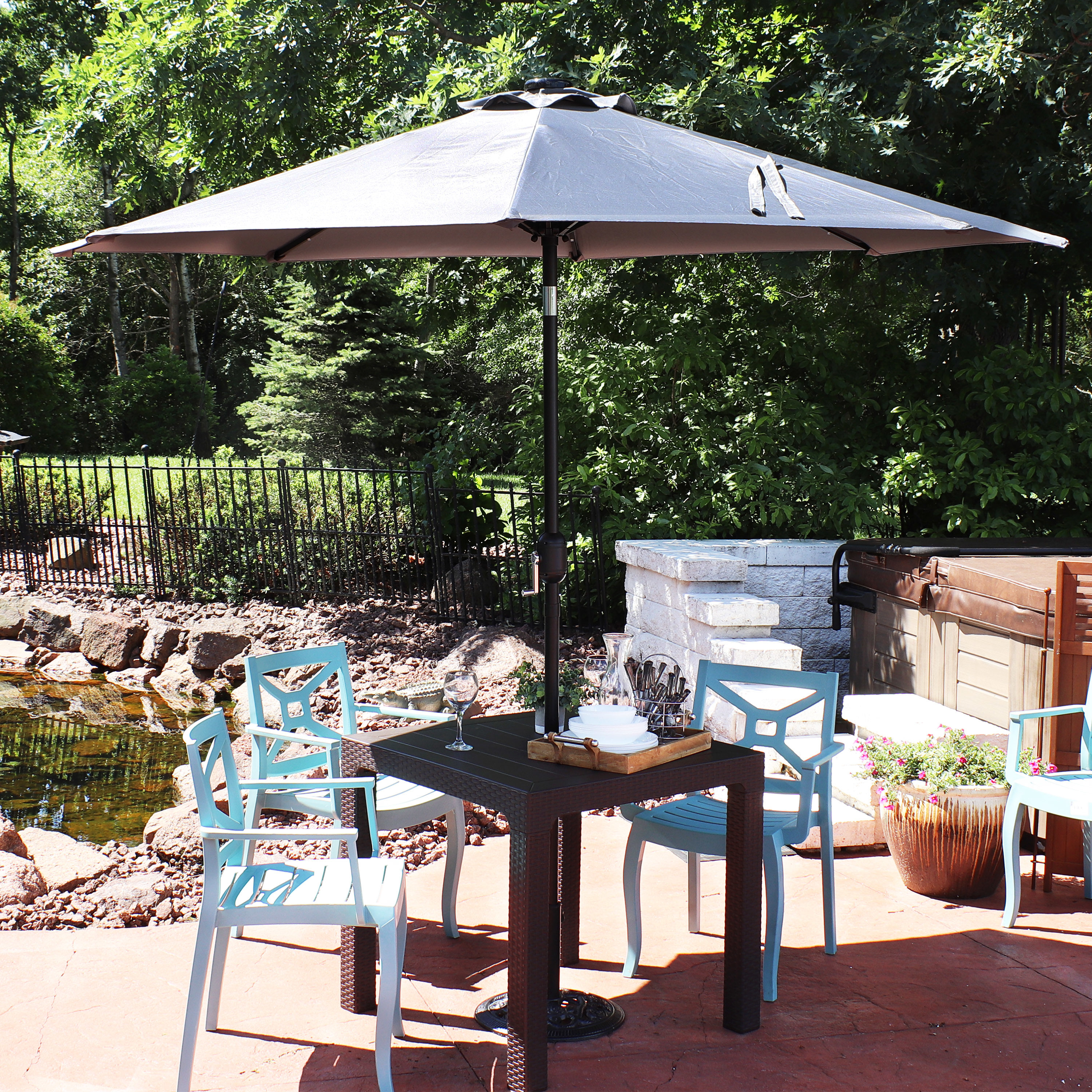 Gray 9-Foot Aluminum Market Patio Umbrella with Solar LED Lights
