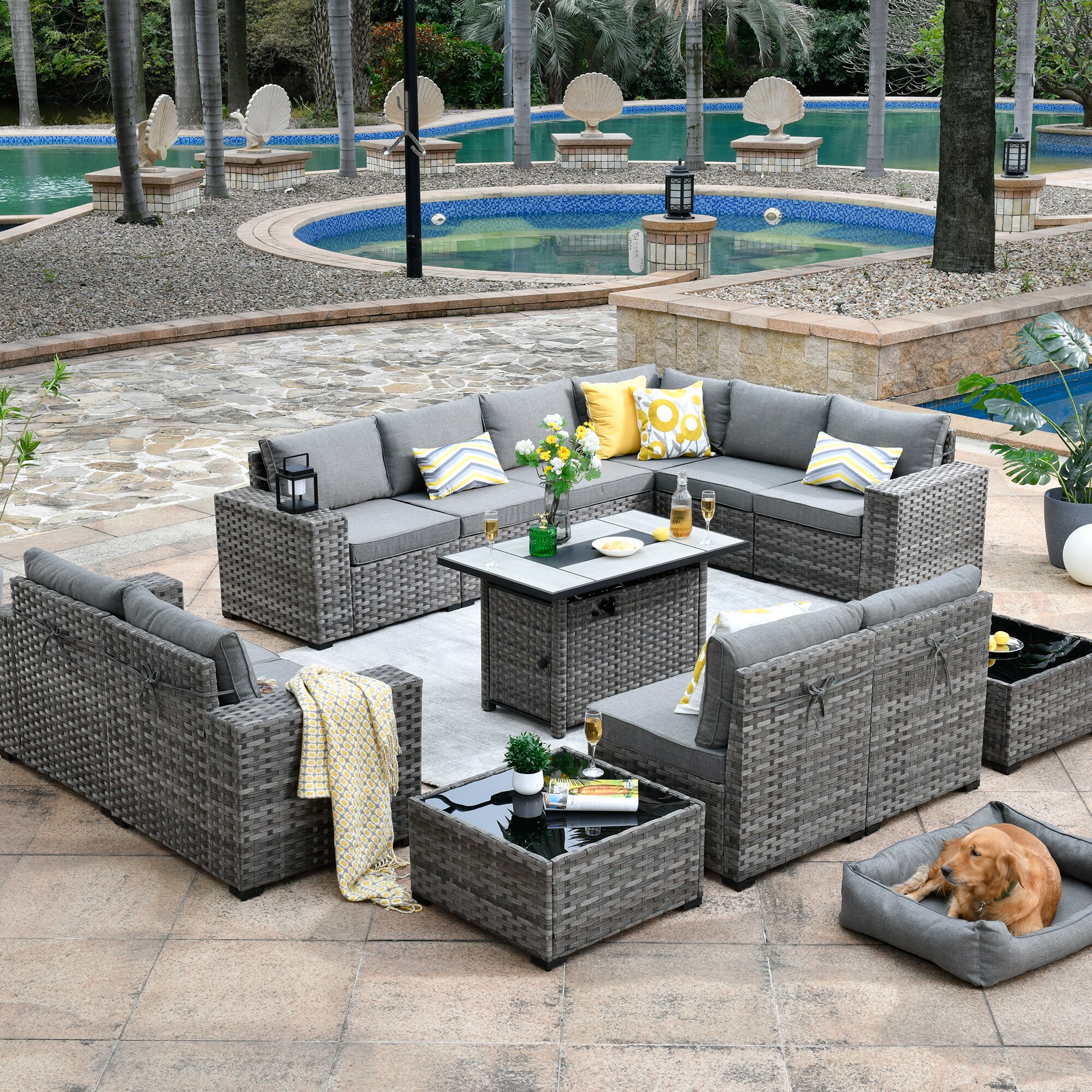 Pouuin 13-Piece Rattan Patio Conversation Set with Gray Cushions in the ...