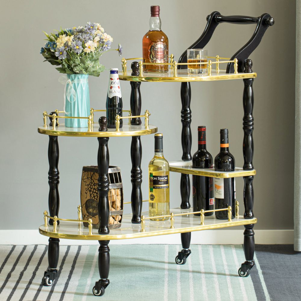 Fabulae White Wood 3-Tier Rolling Bar Cart with Wine Storage