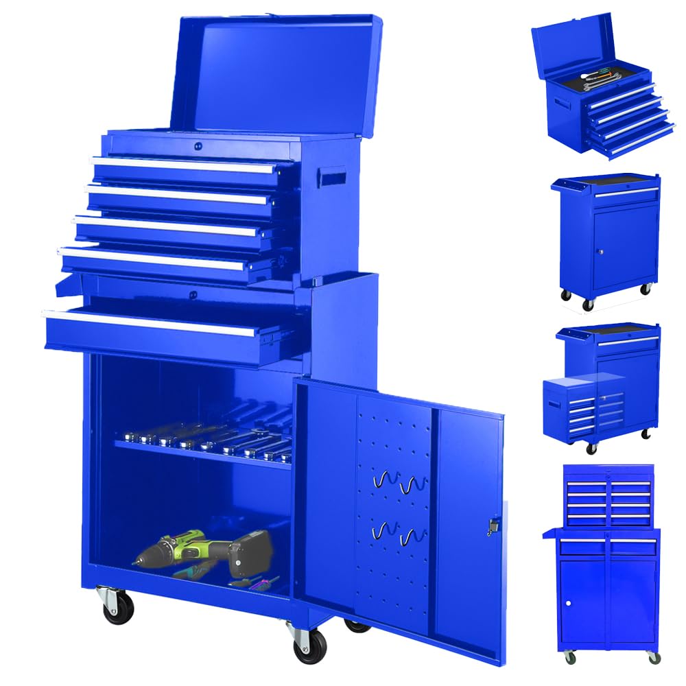 Garvee 2 In 1 Blue Steel Rolling Tool Cabinet With Detachable 5 Drawer Top Box Lockable Storage Cart For Garage Workshop