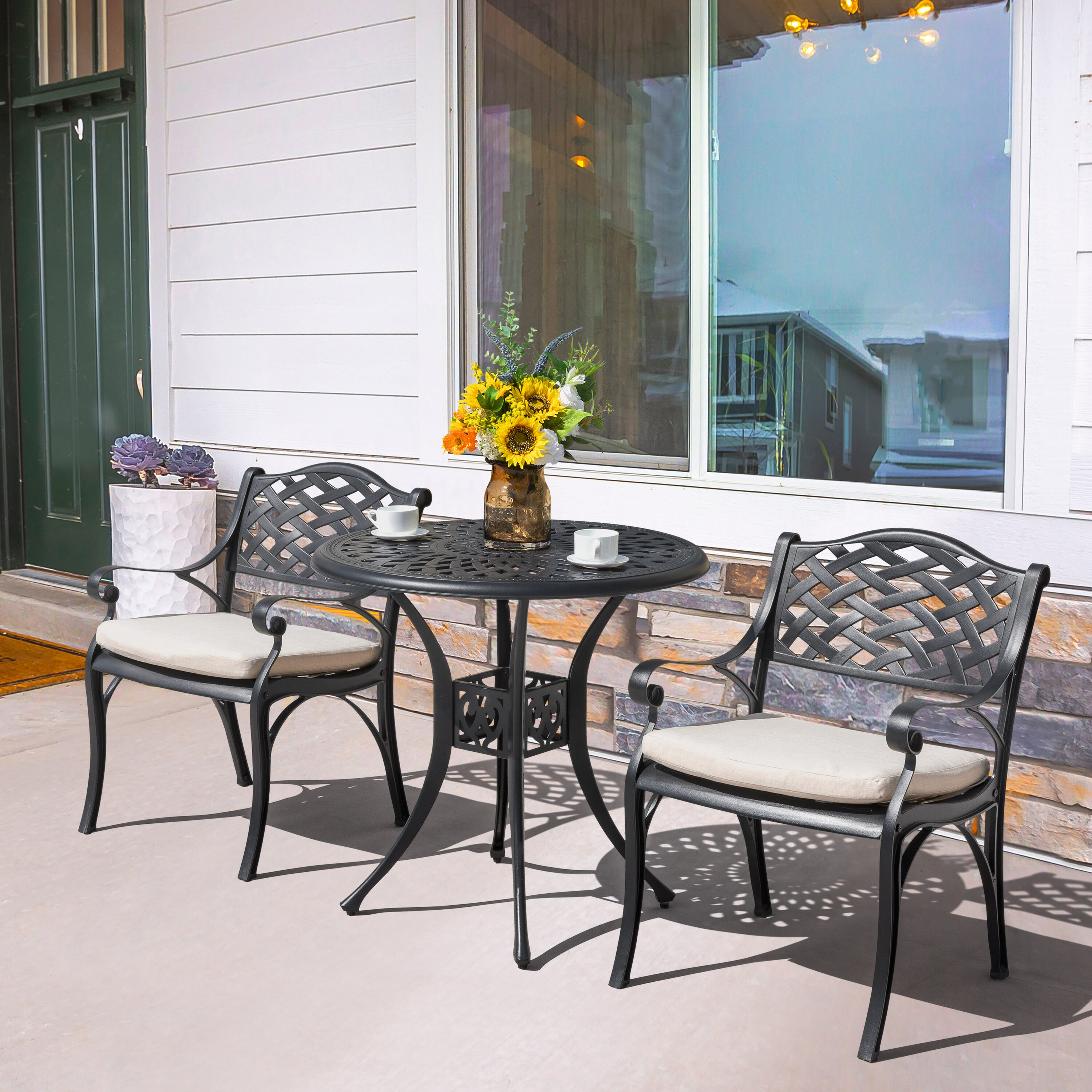 Nuu Garden SCD012-01 5 -Piece Black with gold point Bistro Patio Dining Set Aluminum Round Table with 2 Off-white Cushions Stationary Chairs