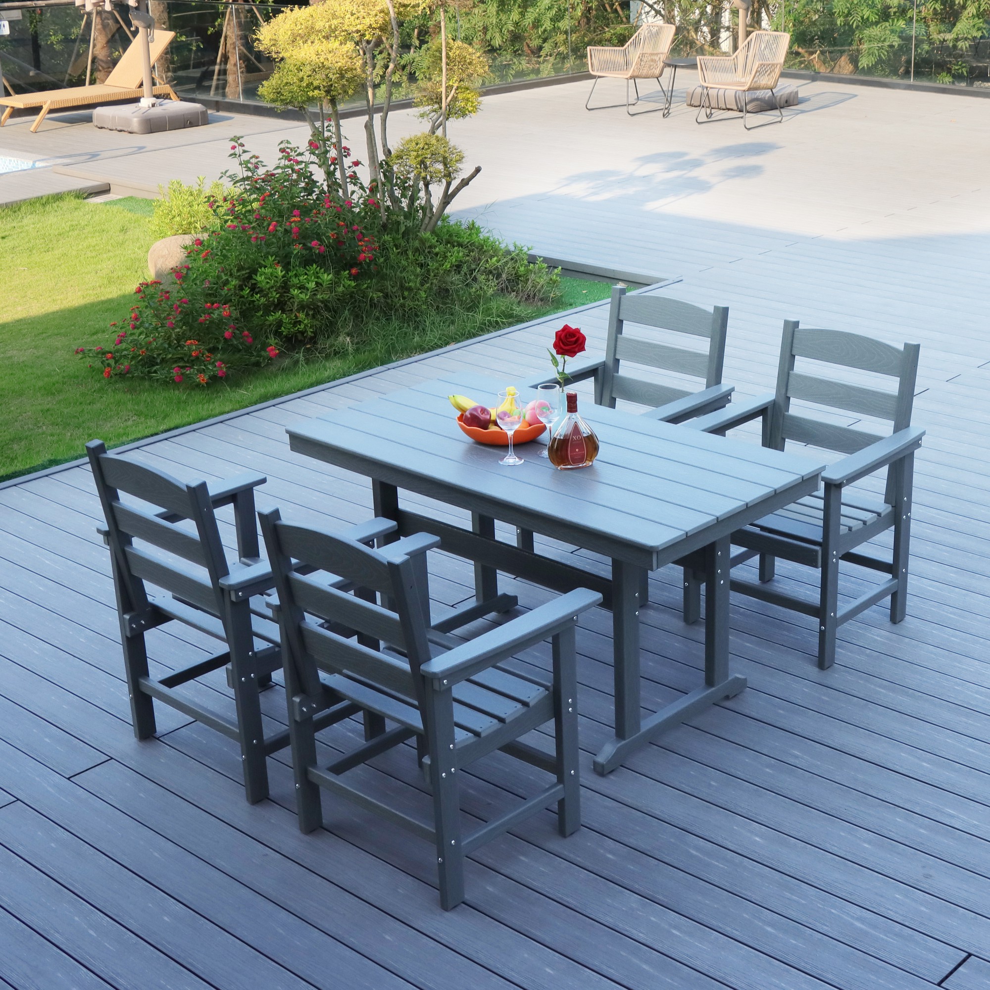 Mondawe MA-GCABQ-HF31A HDPE Patio Dining Sets 5 -Piece Gray Patio Dining Set Plastic Rectangle Table with 4 Stationary Chairs