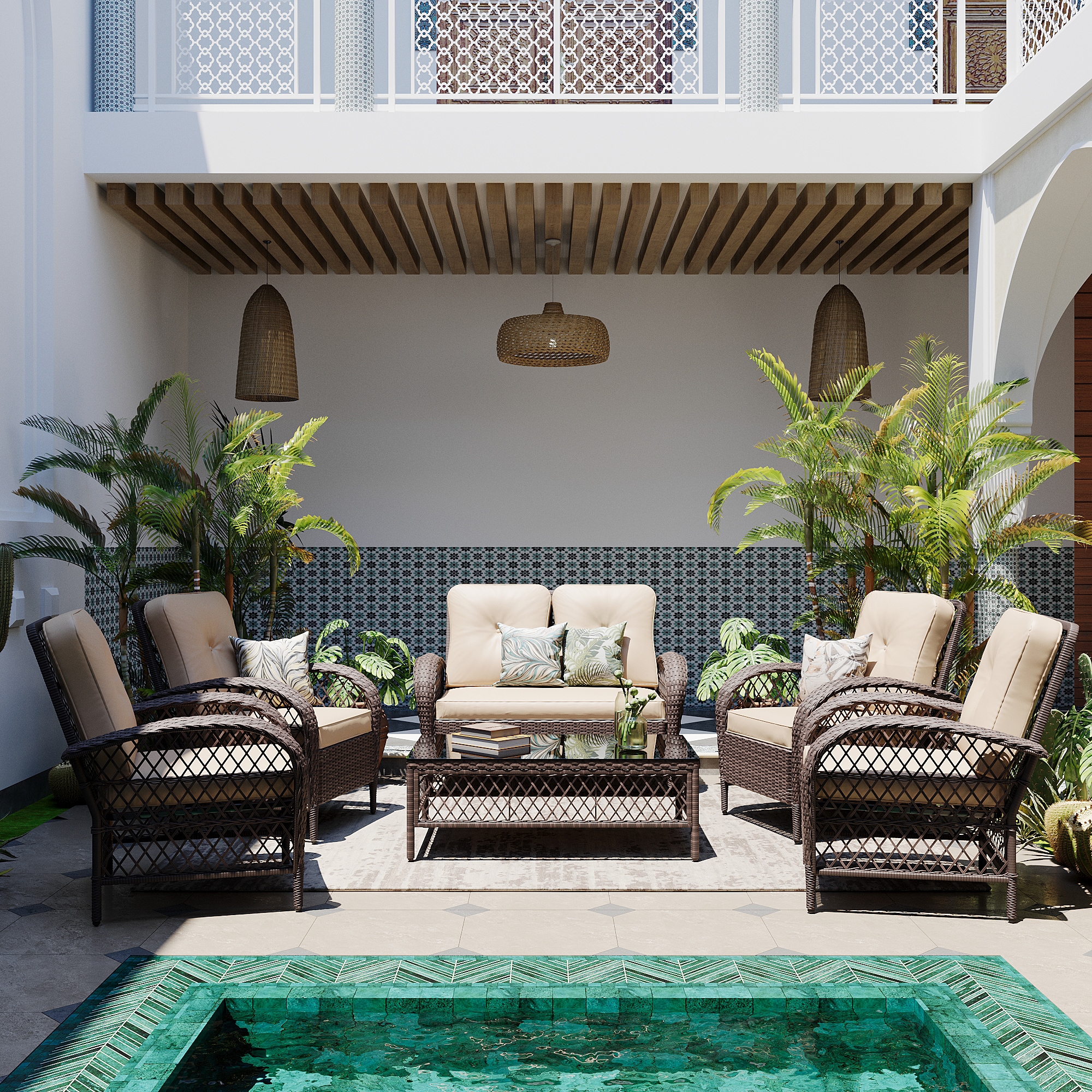 Patio Watcher LH6-B-BEIGE 6-Piece Rattan Patio Conversation Set with Off-white Cushions