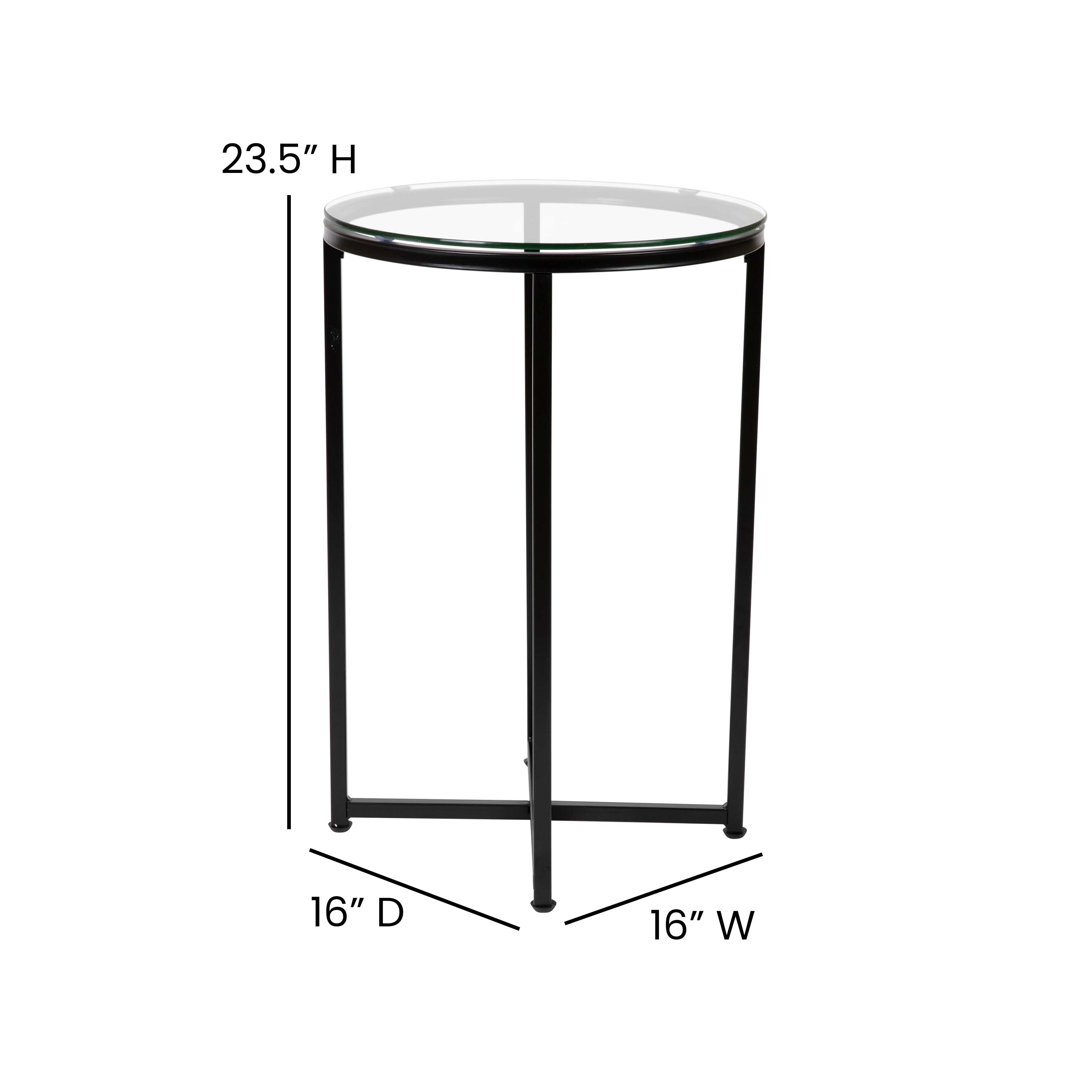 Round Clear Glass End Table with Matte Black Metal Frame