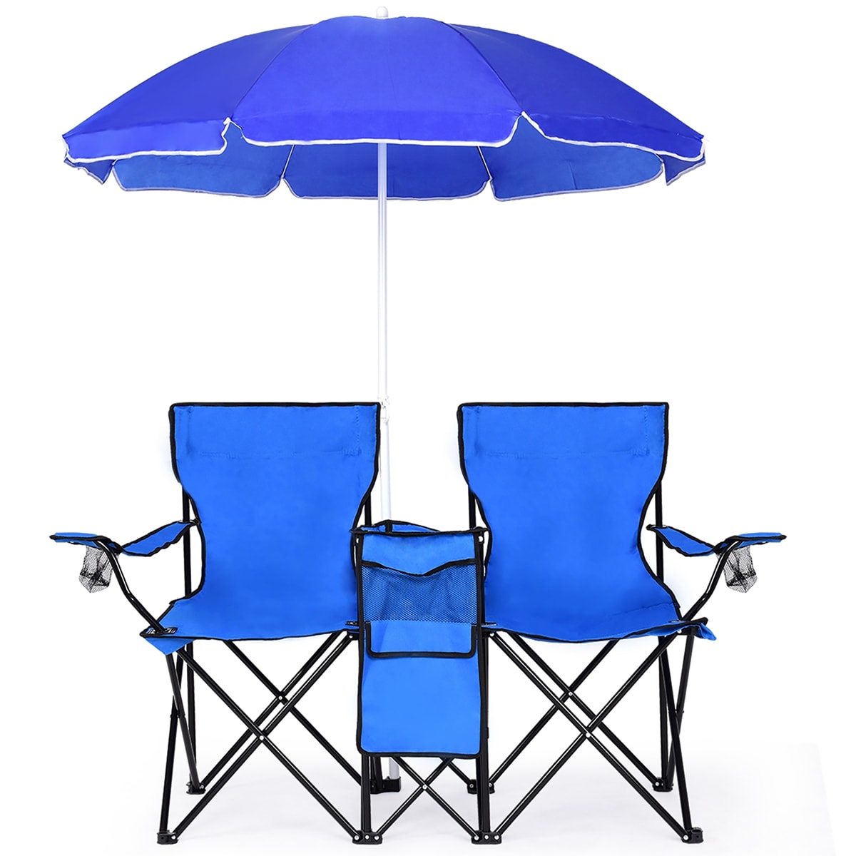 Costway CSHY001042 Portable Camping Folding Picnic Double Chair W/Umbrella Table Cooler Beach Camping Chair