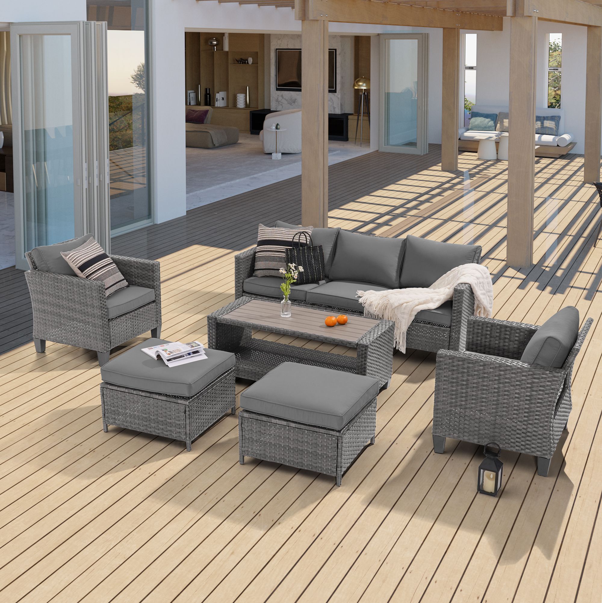 ACEGOSES LW-115HGY-T13 6-Piece Wicker Patio Sofa Conversation Set with Gray Cushions