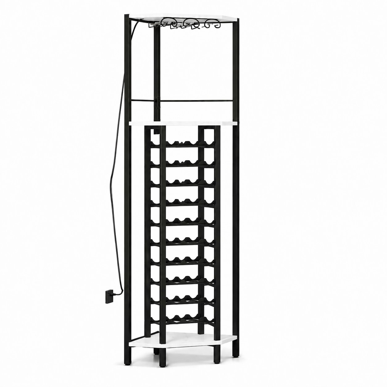 Aoibox  Corner Wine Rack with Glass Holder LED Strip Light and Storage Shelves Holds 30 Bottles White Marble Wood Grain