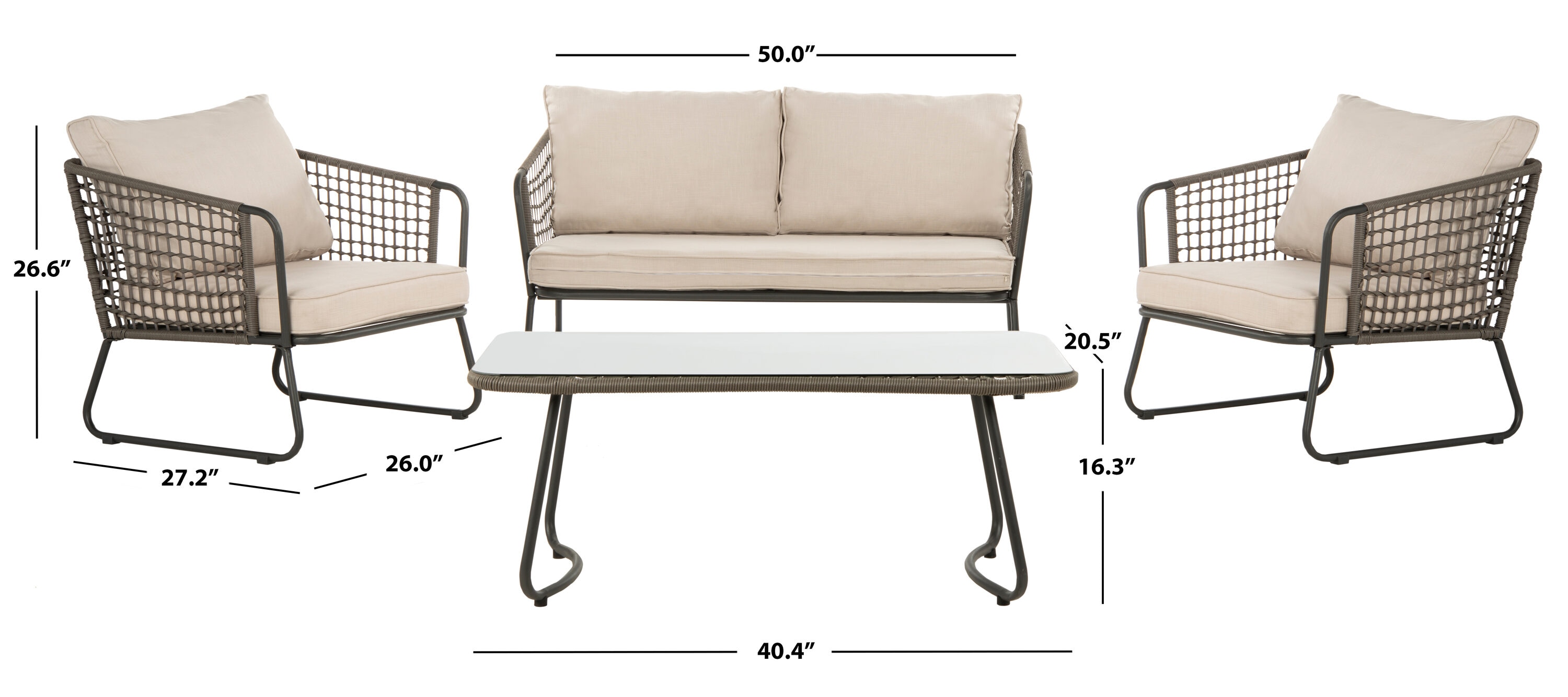 Safavieh PAT9003C Benjin 4 -Piece Patio Conversation Set with Brown Cushions