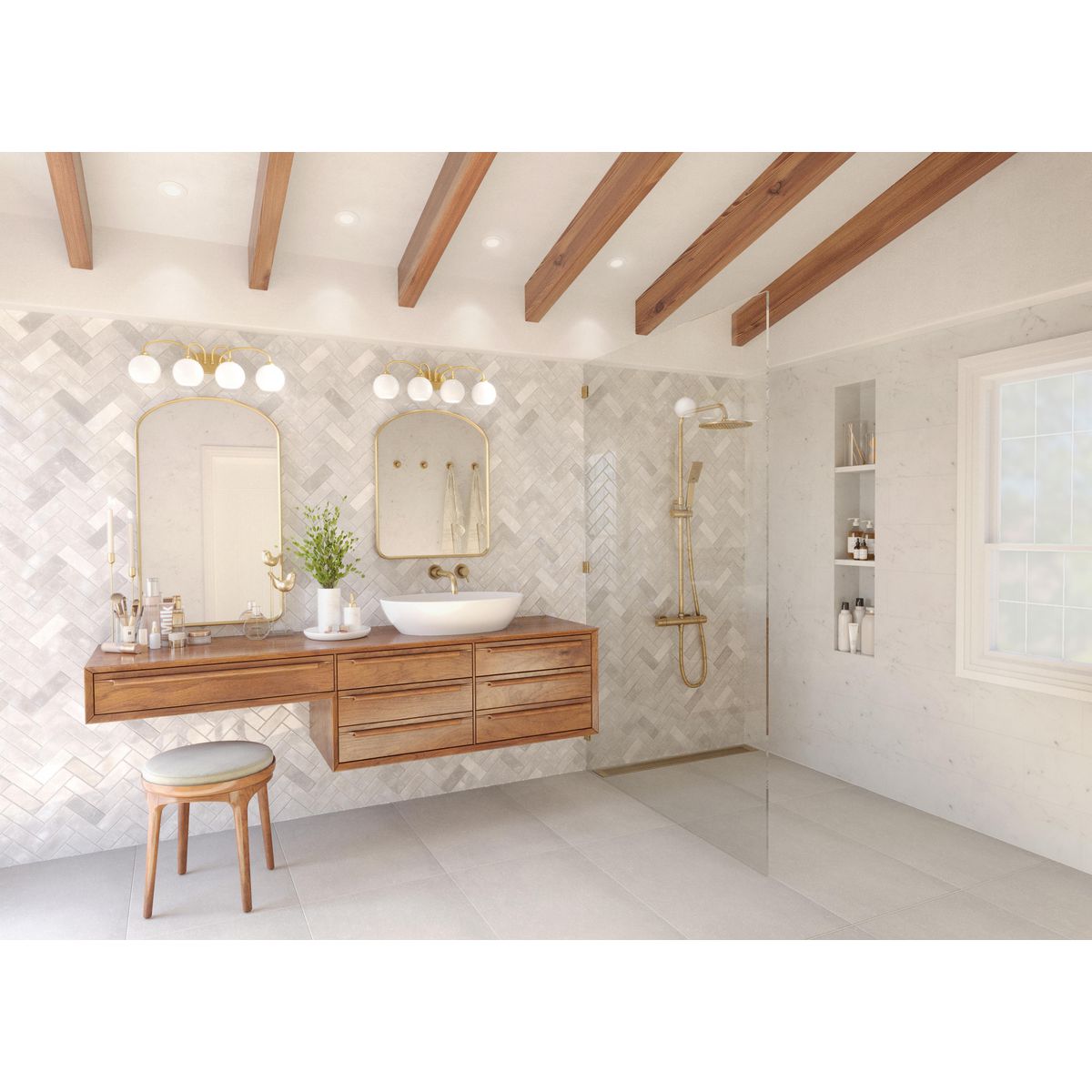 Carisa 4-Light Gold Bath Wall Light with White Glass Globes