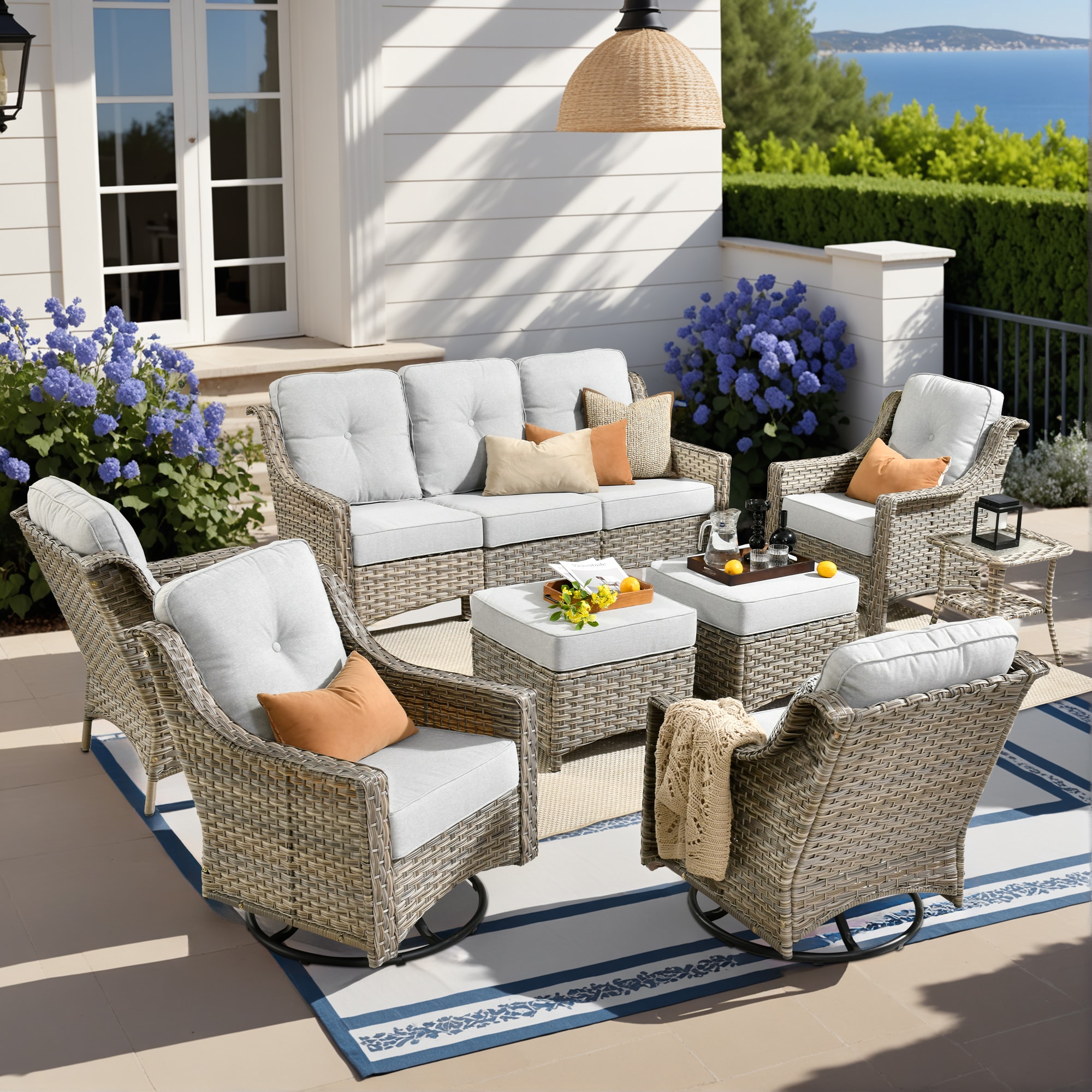 Pouuin SYZPAD408 8 -Piece Wicker Patio Sofa Conversation Set with Light Gray Cushions