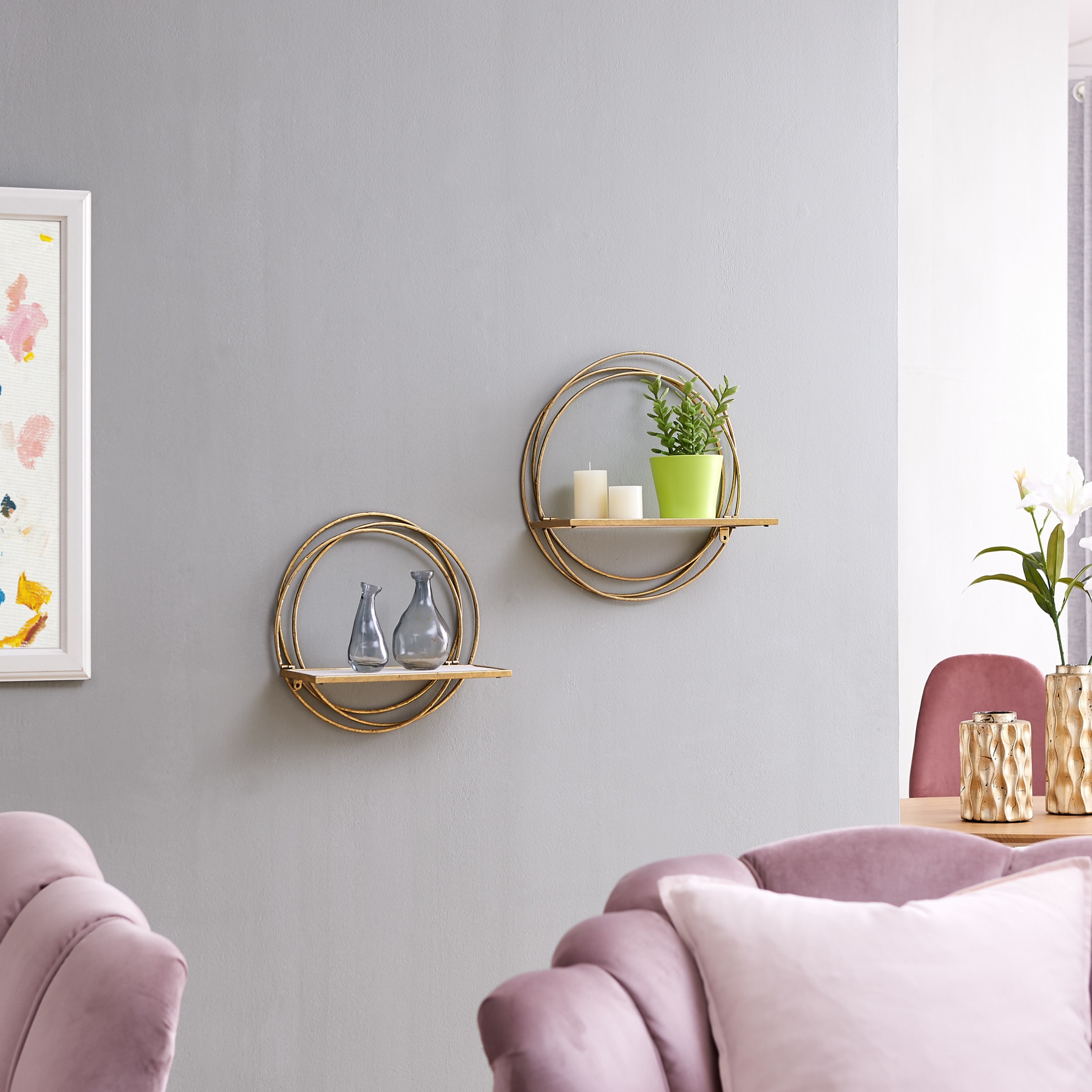 Gold Metal Rings Floating Wall Shelves with Whitewash Wood