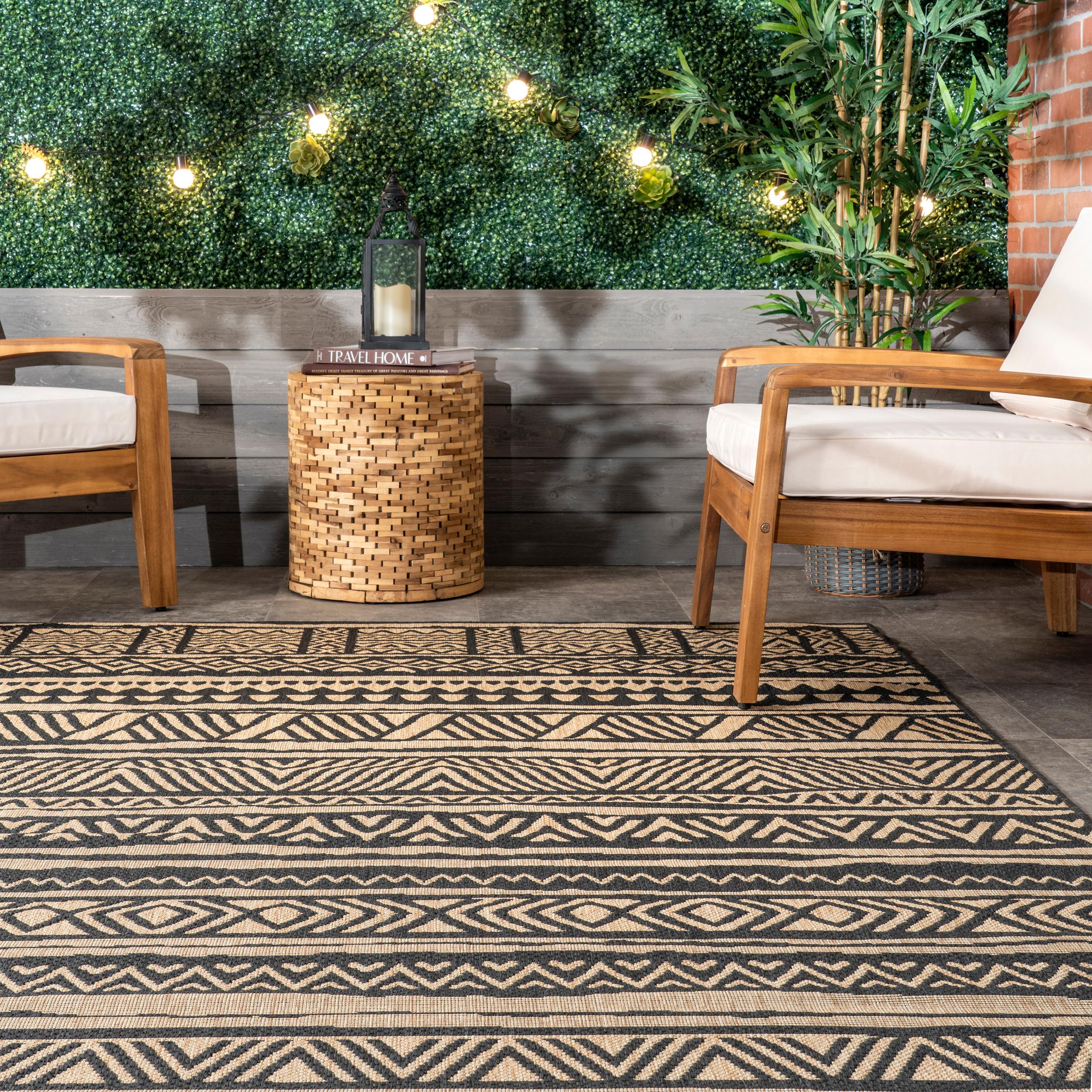 nuLOOM Abbey Tribal Striped Beige 9 ft. 6 in. x 12 ft. Indoor/Outdoor Patio Area Rug