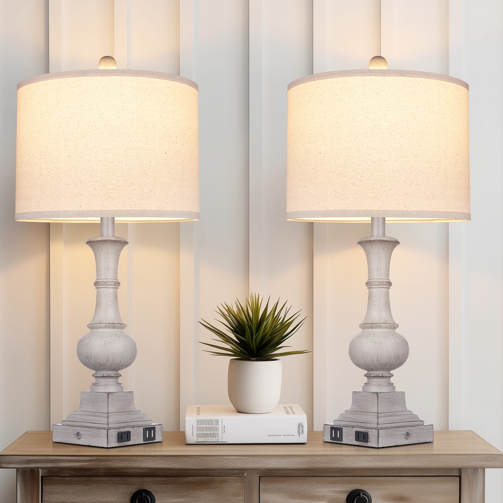 UrFurnishings TD-217 Levis 26-in Distressed Grey LED Touch Table Lamp with Linen Shade