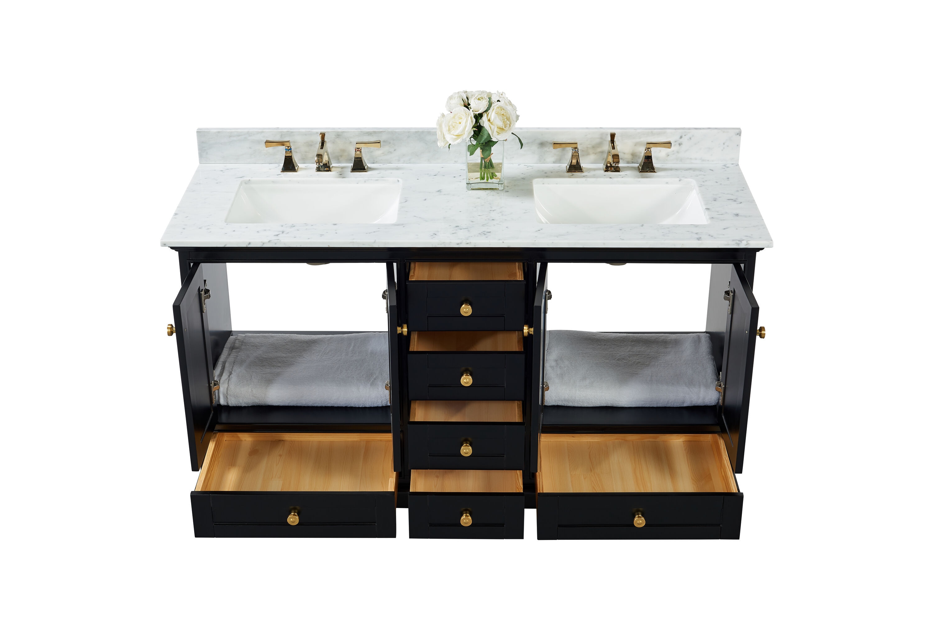 60in Onyx Black And Brass Dual Sink Bathroom Vanity