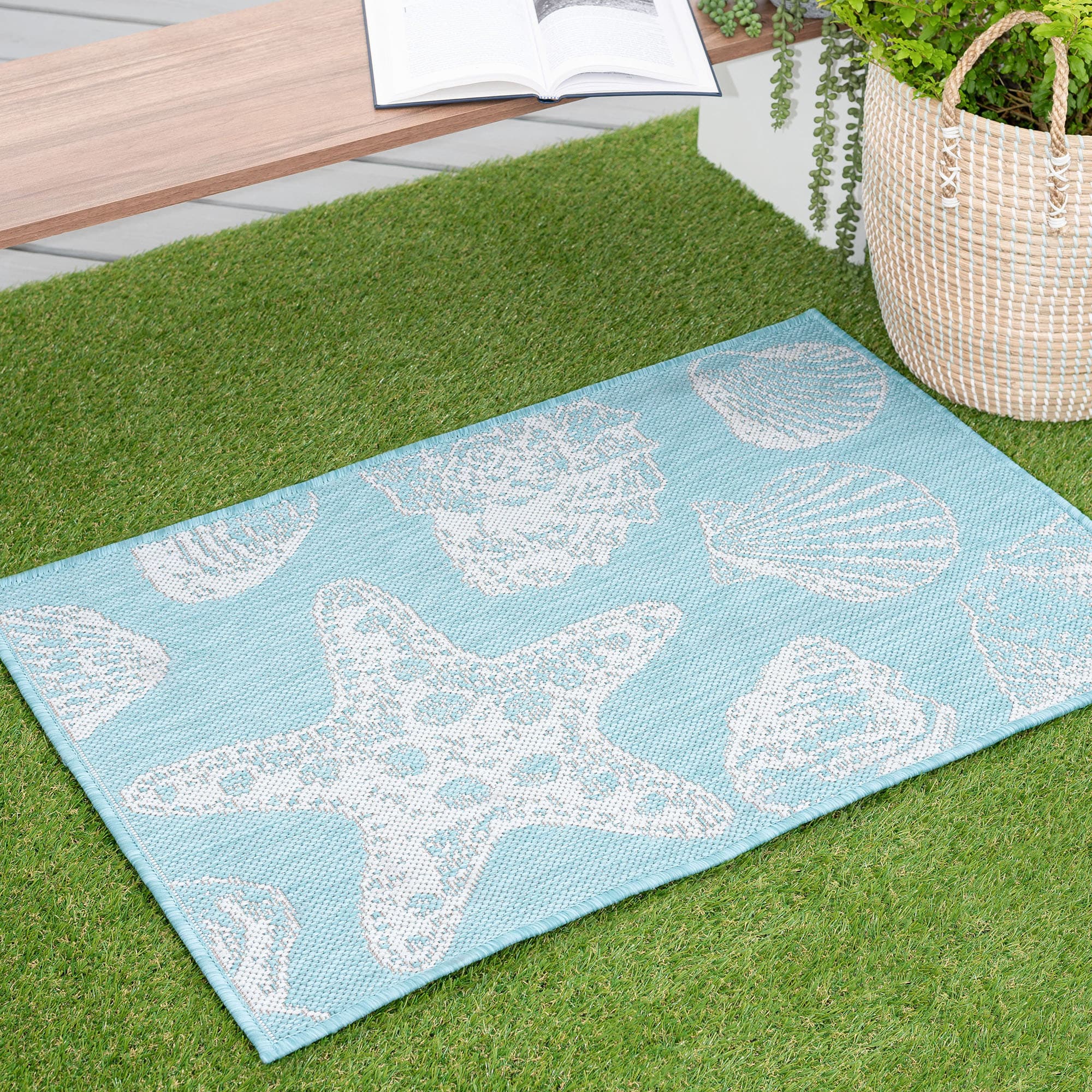 Tayse ECO1406 2X3 Eco 2 x 3 (ft) Flatweave Polypropylene Aqua Rectangular Indoor/Outdoor Animal print Coastal Throw rug