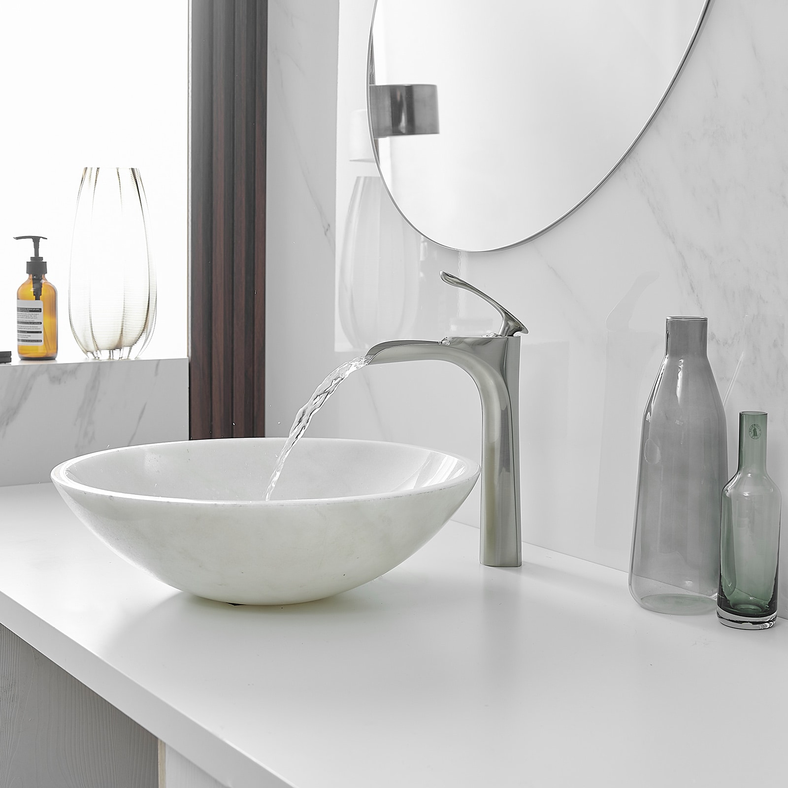Brushed Nickel Single Handle Vessel Sink Faucet with Drain Assembly