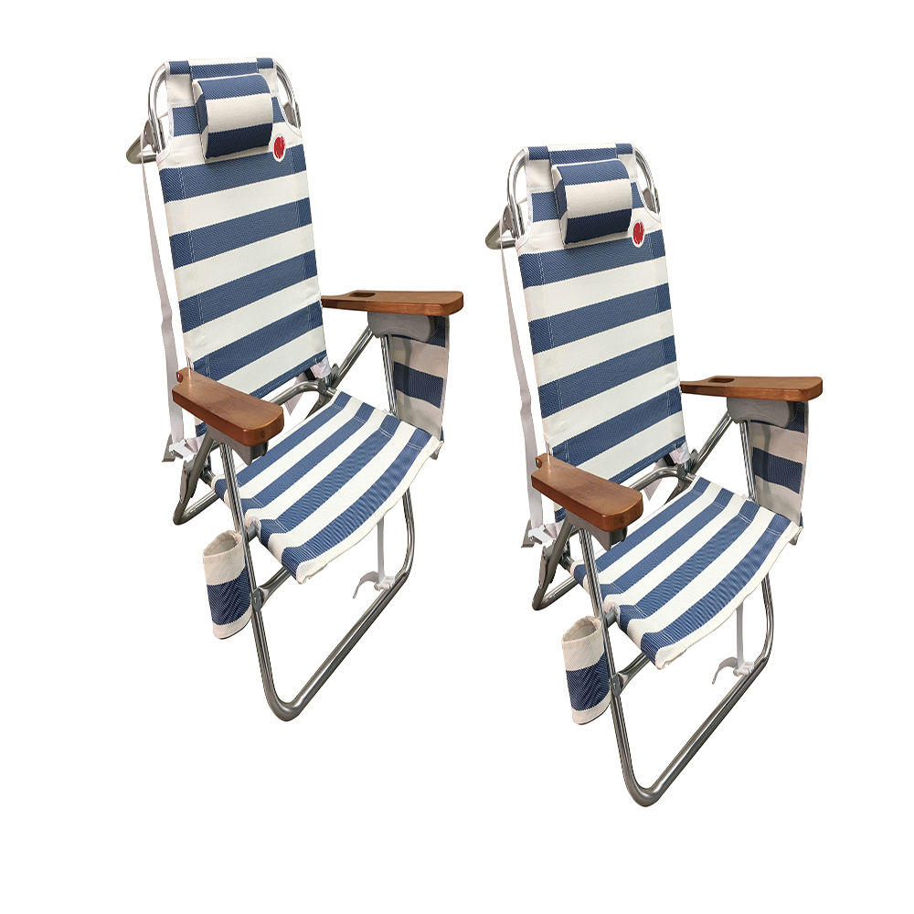 Blue and White Striped Aluminum Beach Lounger with Wooden Arms