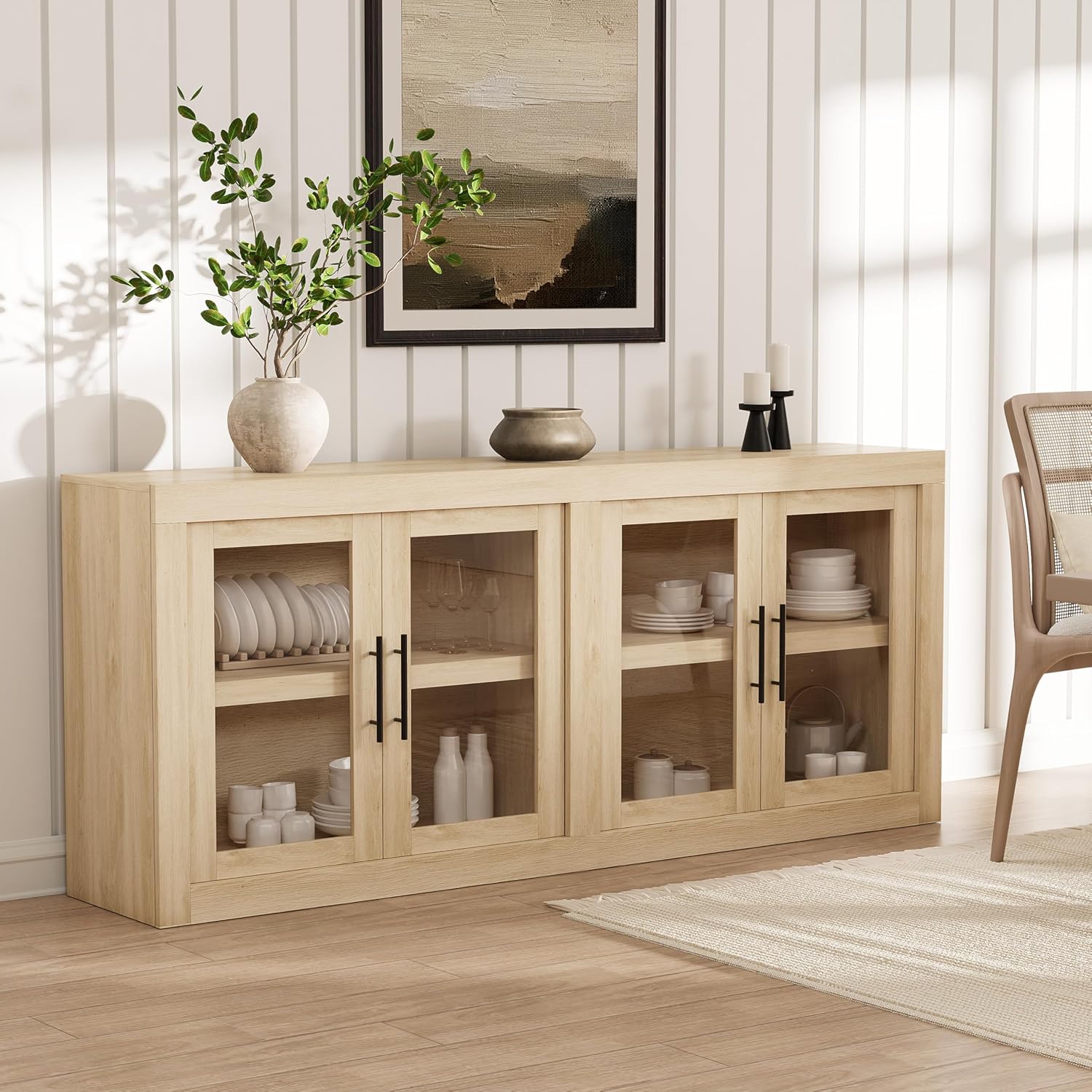 GarveeLife 70.8-in Mid Century Modern Sideboard Buffet Cabinet with 4 Glass Doors Modular Storage Console for Dining Room and Living Room