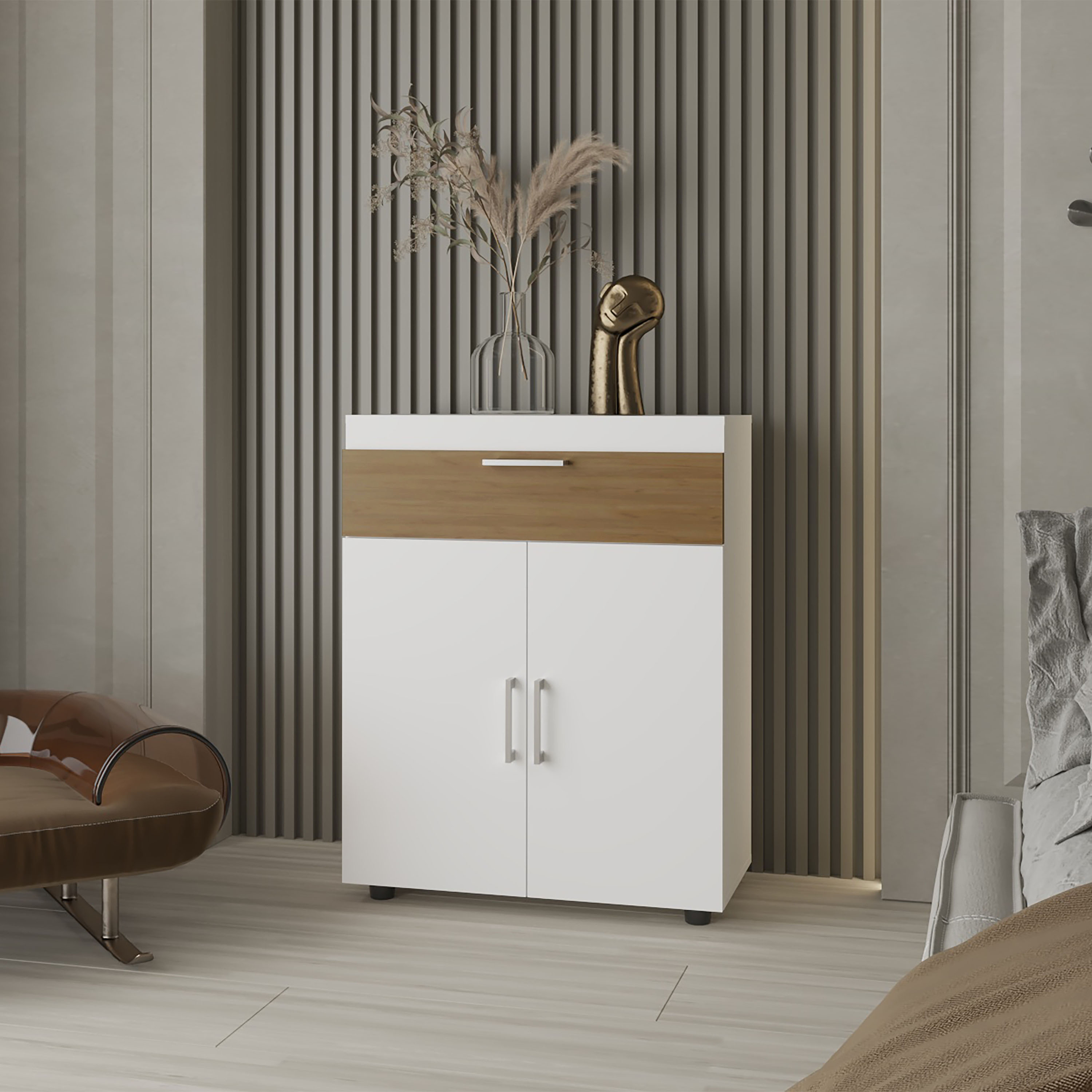 LOVMOR SF-H-B128P301388 North Fork Shoe Rack Pneumatic Lift-Up Compartment Dual Doors White and Natural Oak