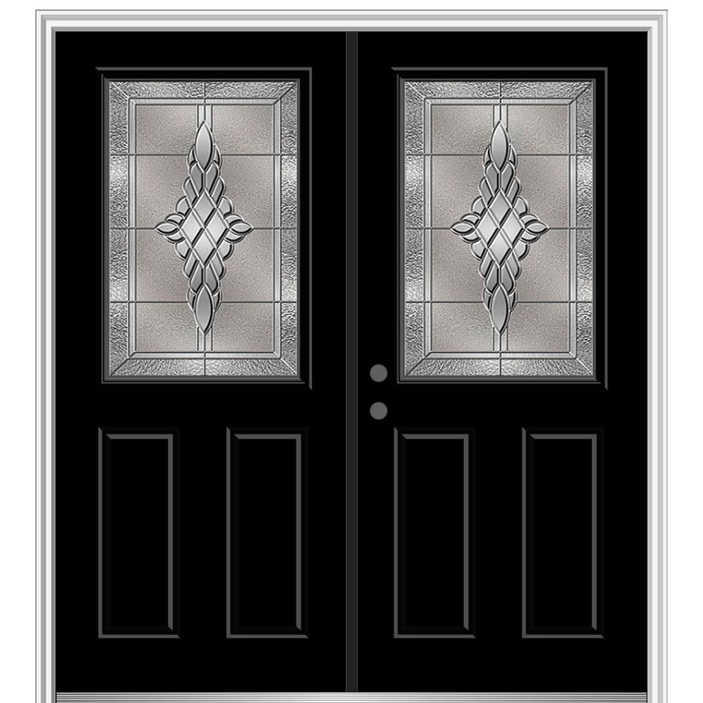 MMI DOOR 68-in x 80-in Low-e Grilles Between The Glass Primed Fiberglass  Center-hinged Right-Hand Inswing Double Patio Door Brickmould Included in  the Patio Doors department at