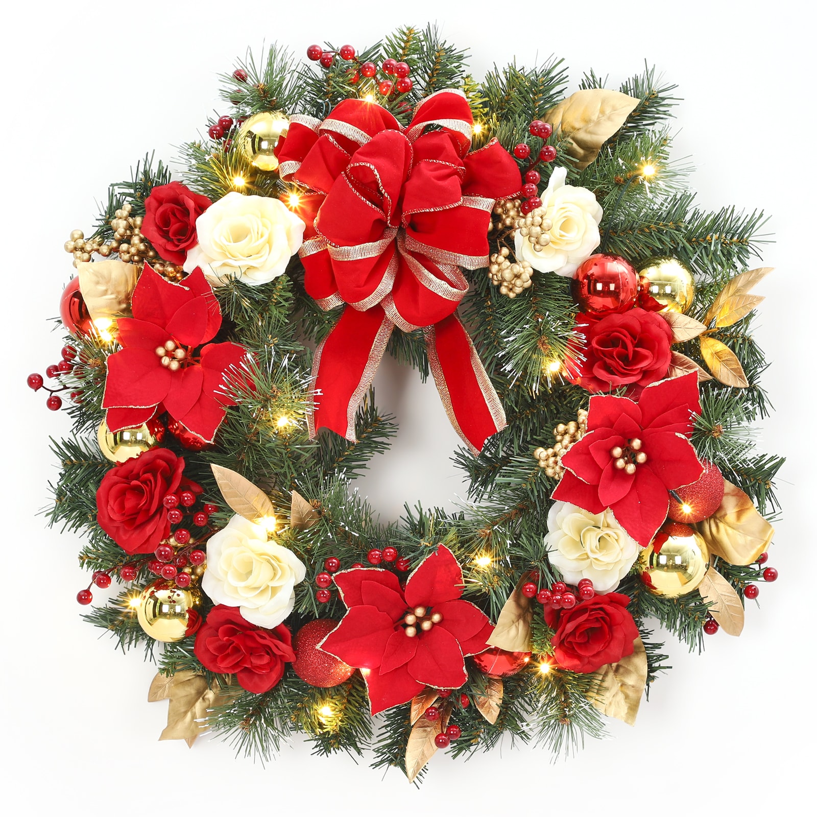 GMC - 24 Inch Pre-Lit Christmas Wreath for Front Door Red Artificial Flowers with Bow Ribbon Gold...