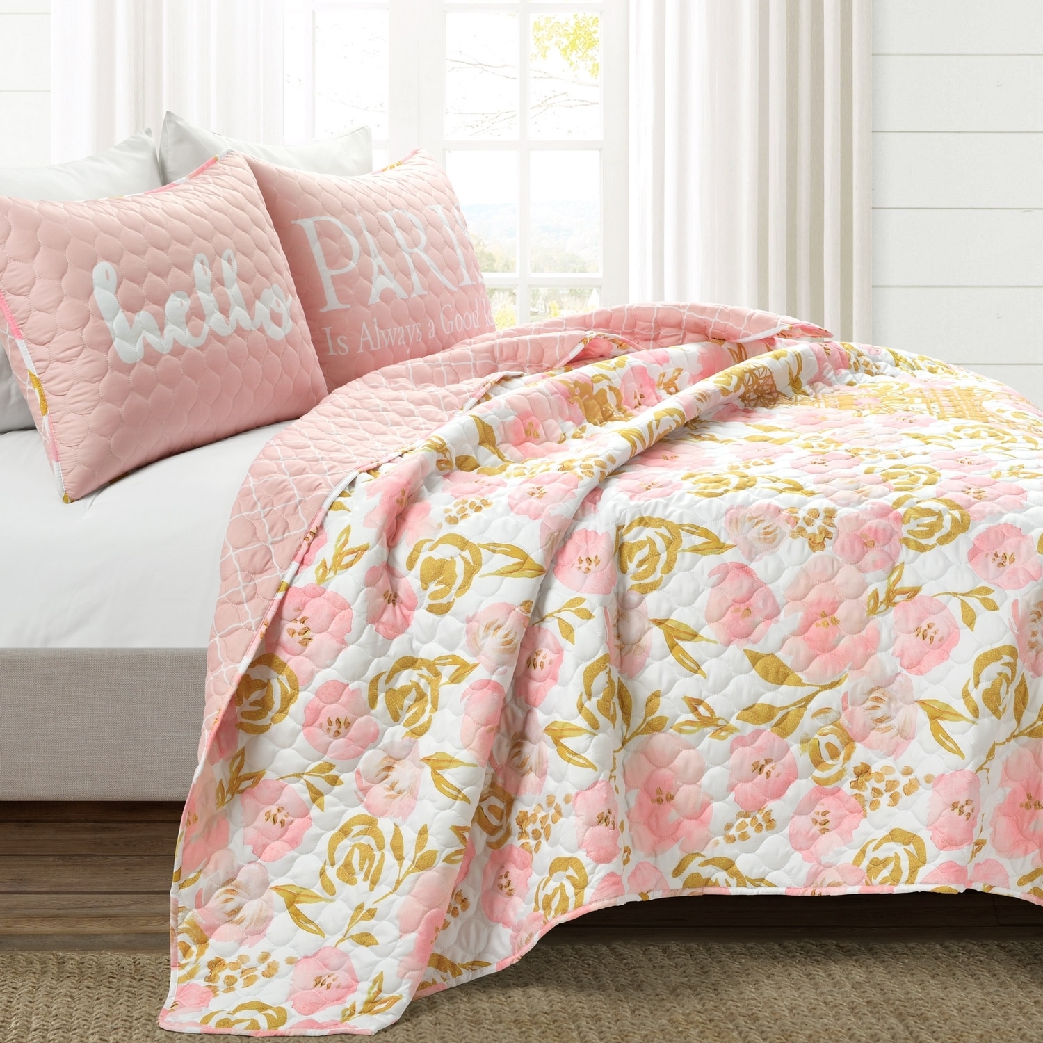 Blush and Gold Reversible Microfiber Kids Quilt Set