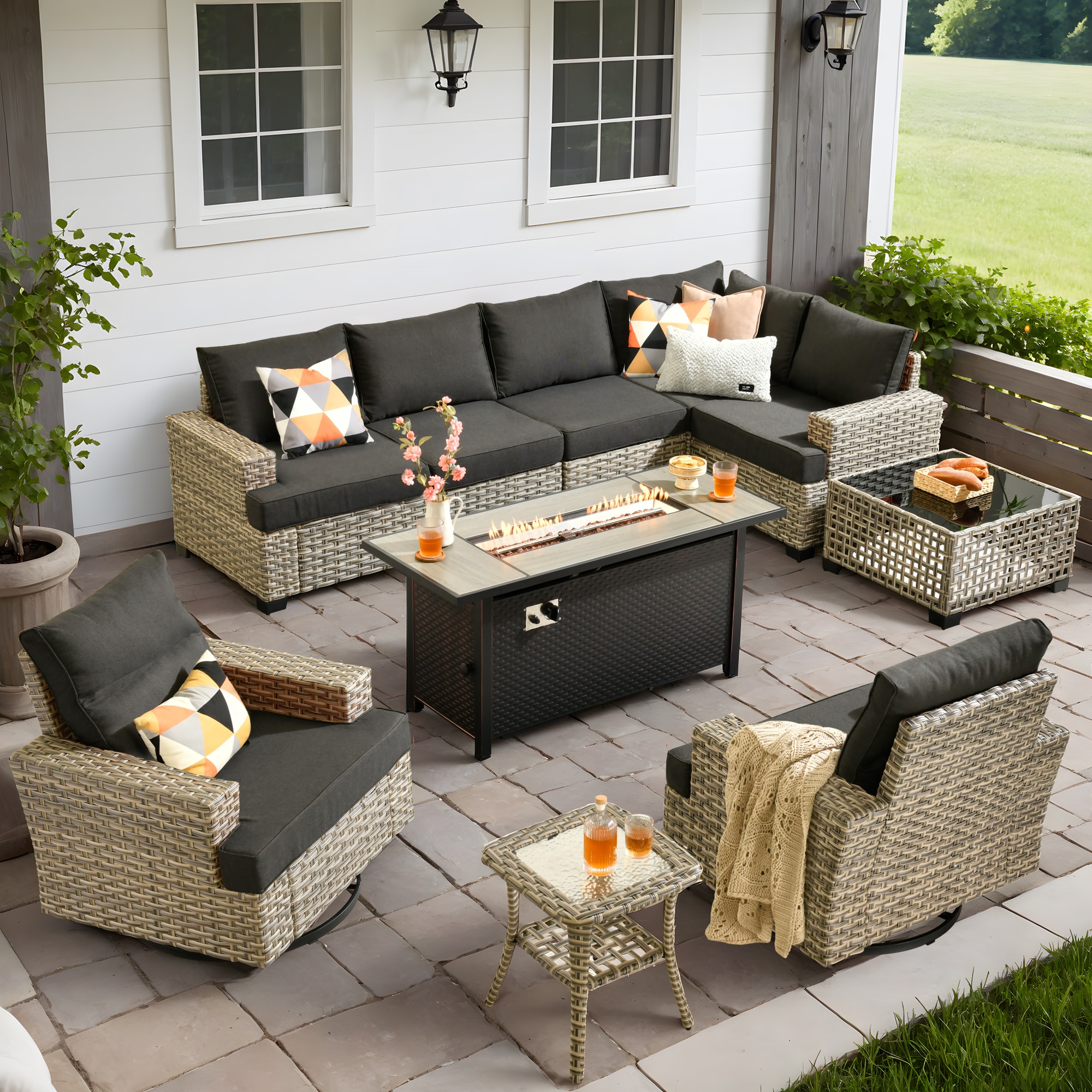 Ovios RFP5TS109Y 10 -Piece Rattan Patio Conversation Set with Black Cushions