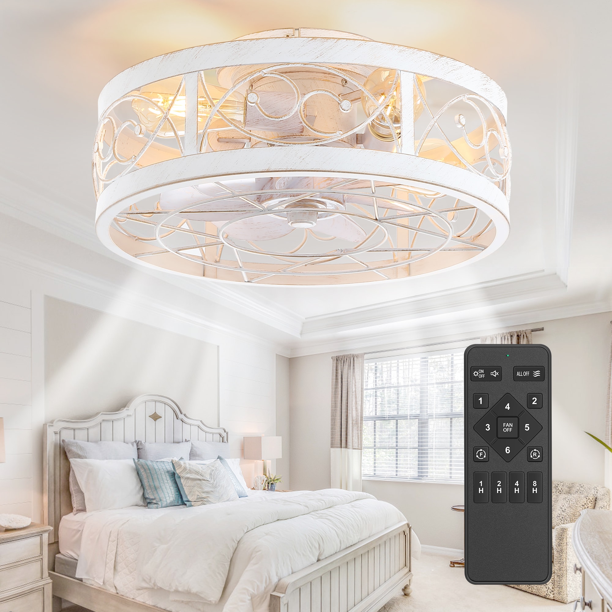 Breezary 35009-WG 17-in Flush Mount Distressed White and Gold with White Blades Fandelier Ceiling Fan With Light - Remote Included ( 7 -Blade )