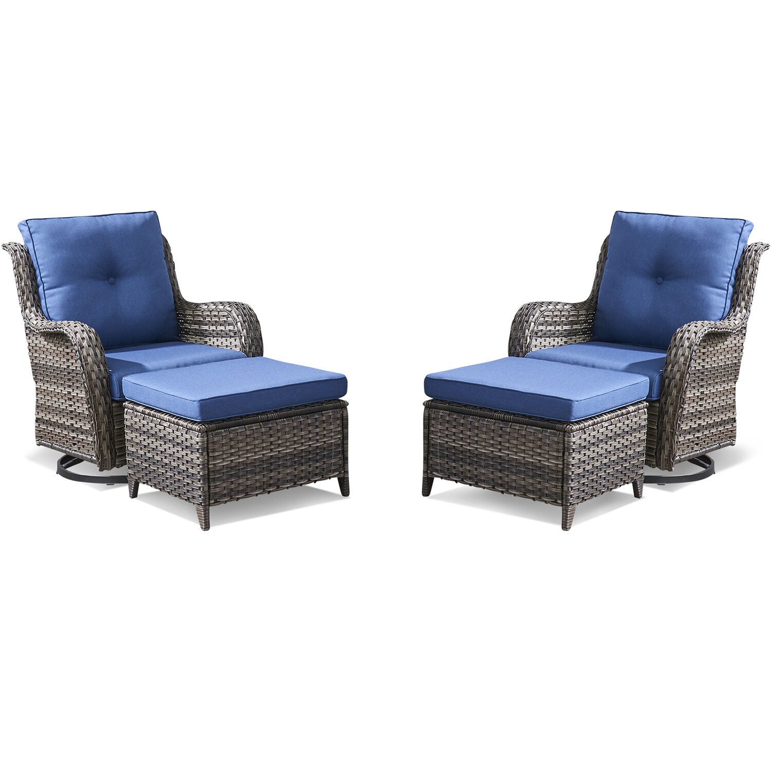 Rilyson FS024016-1 Curved handrail Set of 2 Wicker Gray Steel Frame Swivel glider Rocking Chair with Blue Blue Cushioned Seat