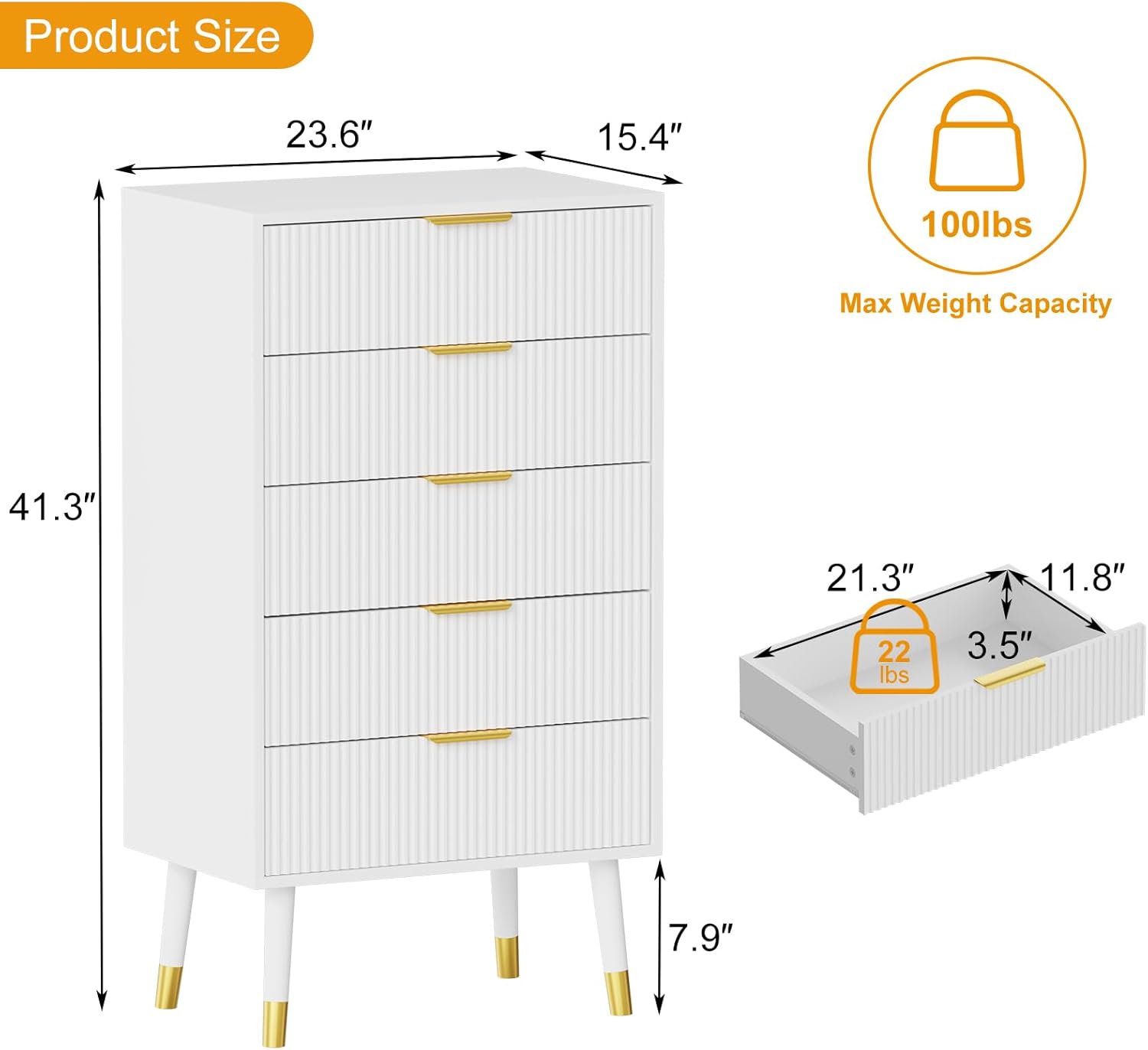 Qeetex D23PHO16MBBOHF Polished Metal 5 Drawer Dresser with Metal Handles and Legs Space Saving Design for Bedroom Living Room and Hallway White
