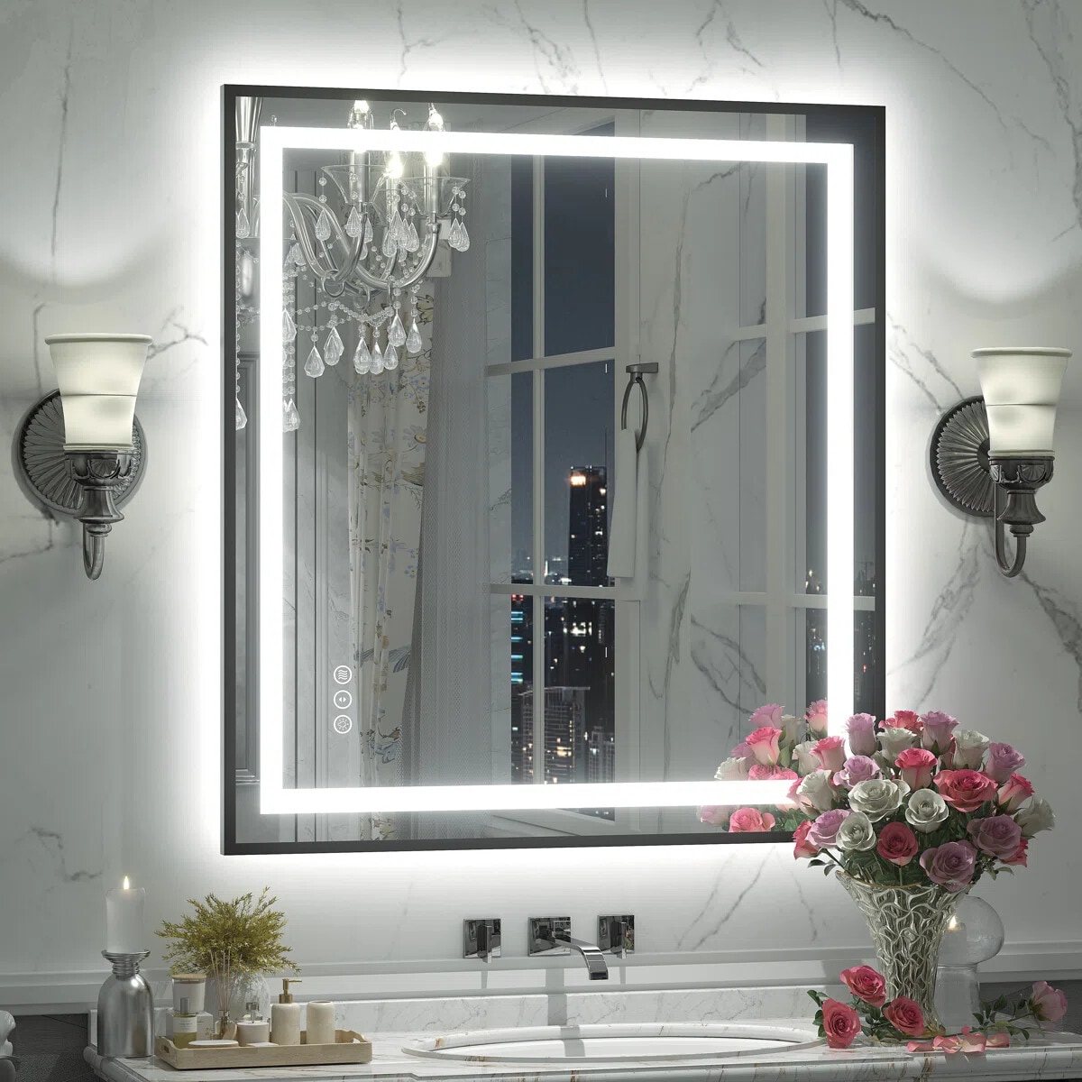 YQP 28x32 Inch UL ETL Certificate Smart Anti-Fog Front-lit+Backlit Black Framed LED Bathroom Mirror #YQP-L002JB7080