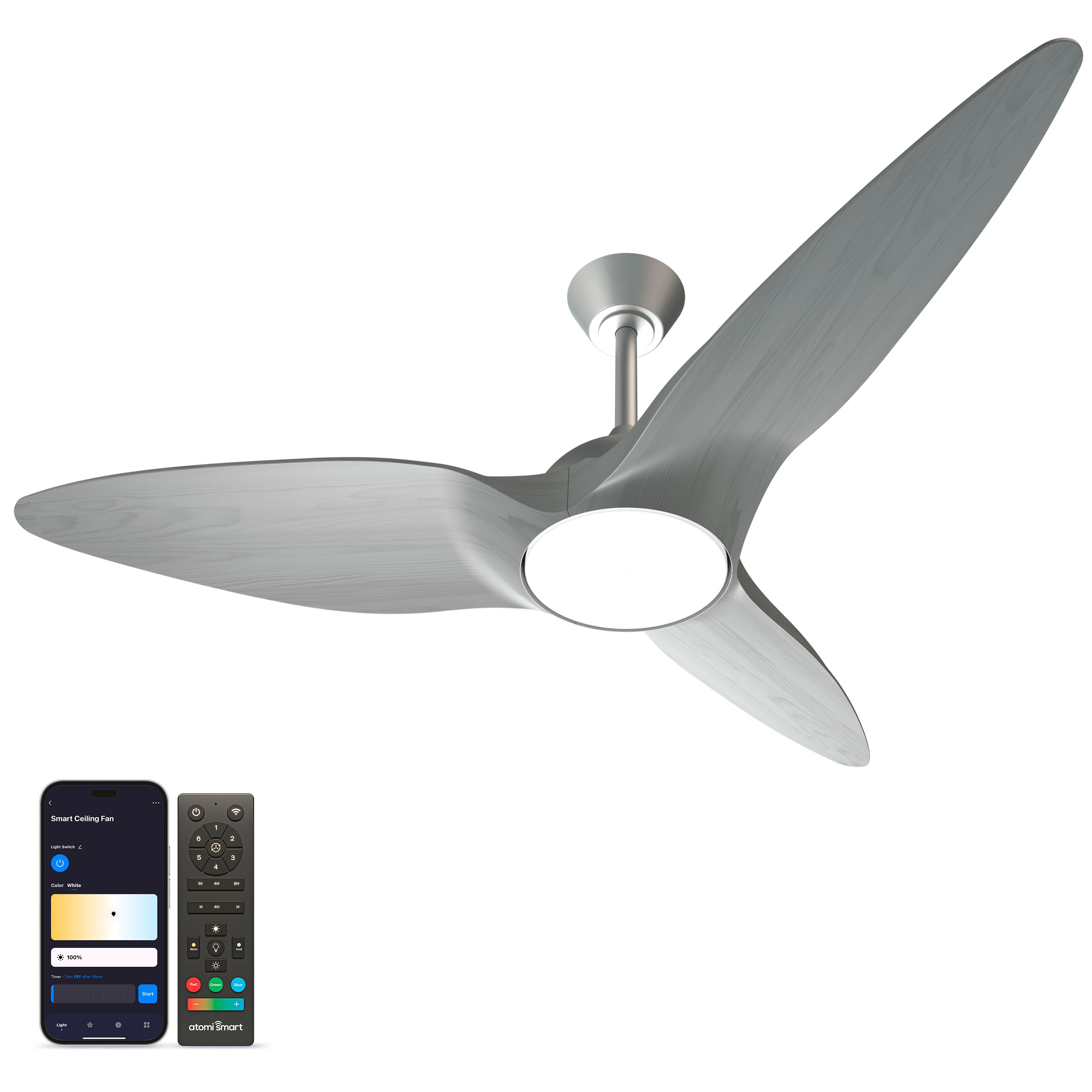 atomi smart AT2005-BS-GWL Monarc 52-in Color-Changing Integrated LED Smart Brushed Silver with Light Grey Blades Ceiling Fan With Light - Remote Included ( 3 -Blade )