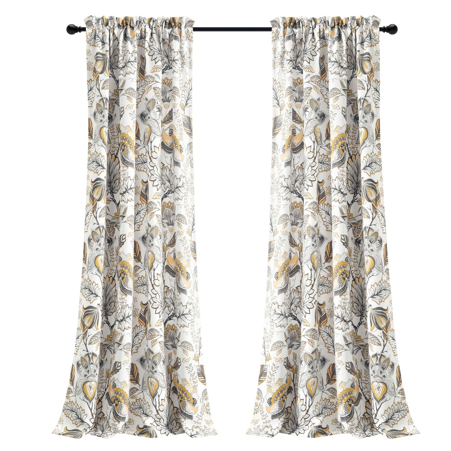 Cynthia Jacobean Yellow and Gray Floral Polyester Blackout Curtains