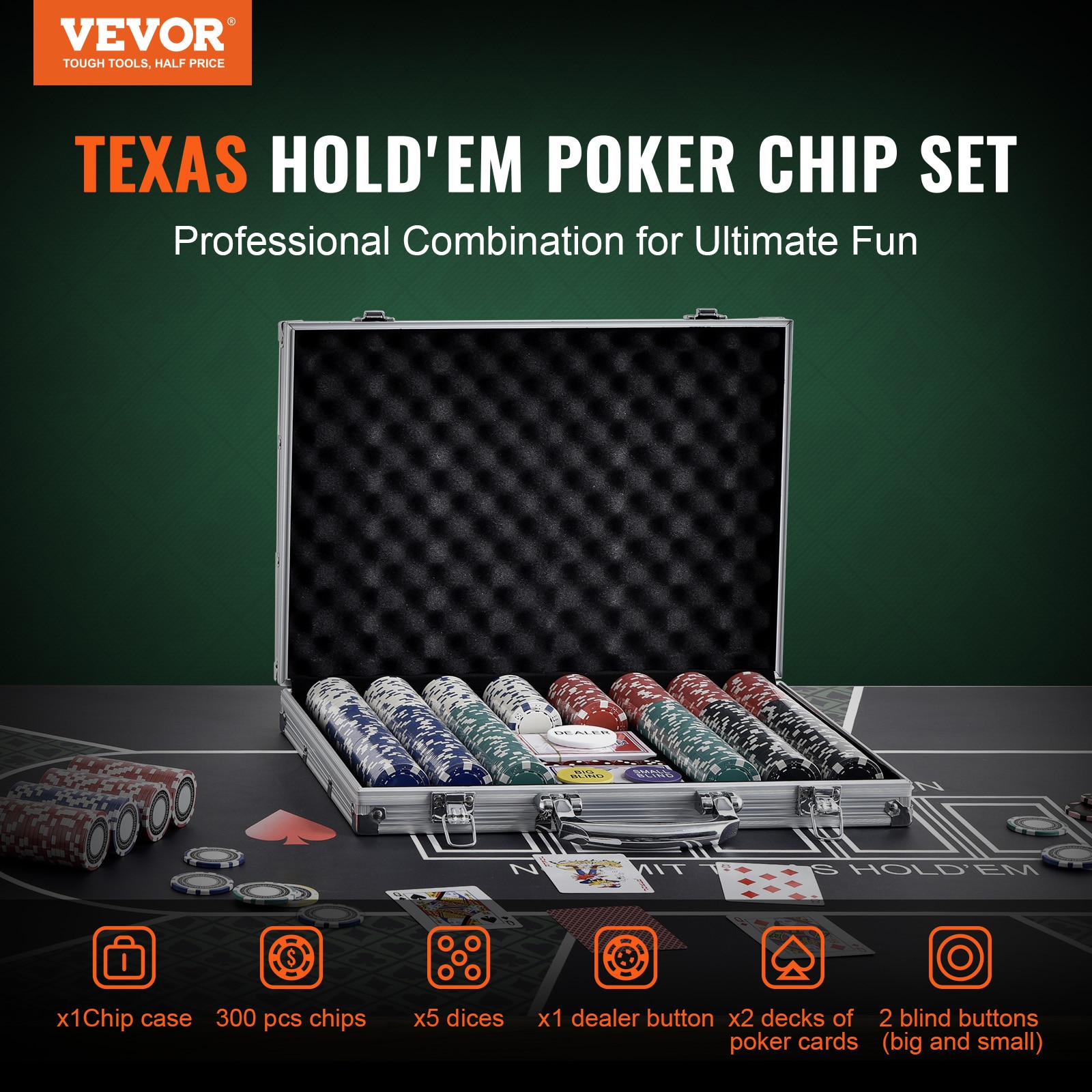 VEVOR Large Print 300 Pcs Poker Chip Set Aluminum Playing-Card in the ...