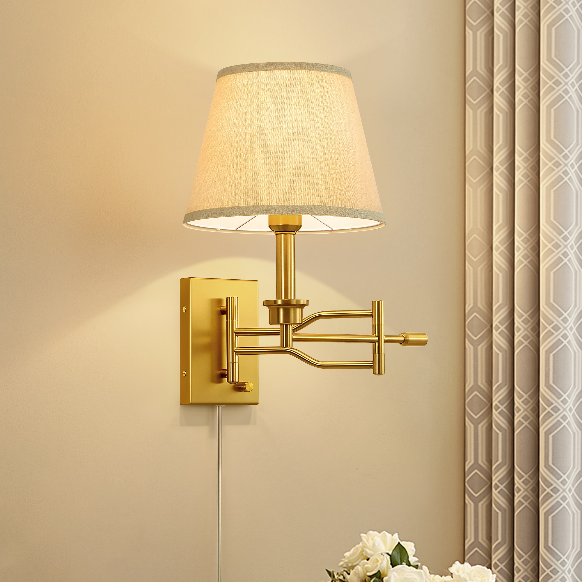 KAISITE 15 Inch Gold Swing Arm Wall Lamp with Adjustable Shade and Dimmer Switch for Bedroom and Living Room