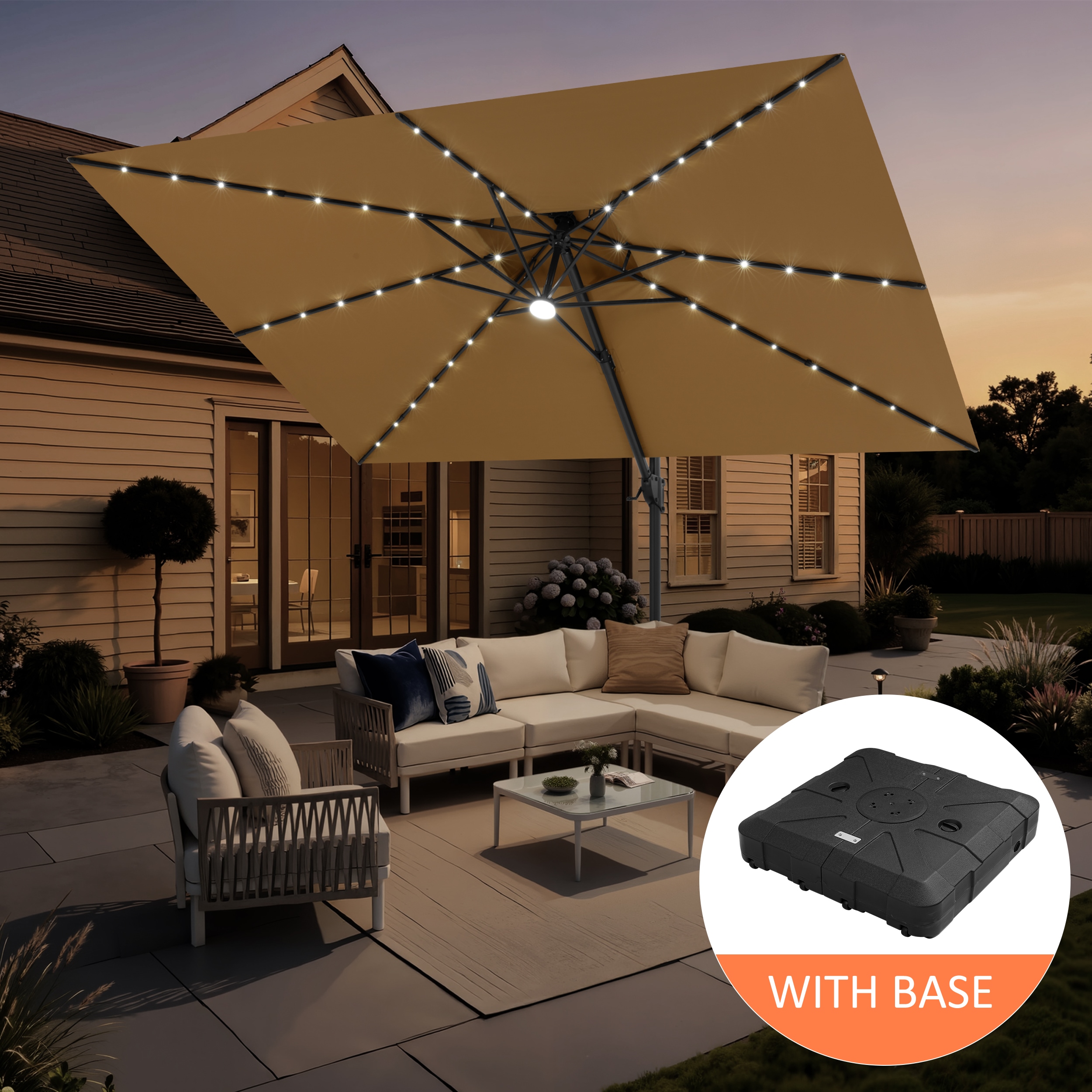 Pellebant 12-ft Aluminum Tan Slide-tilt Cantilever Patio Umbrella with Lights with Base