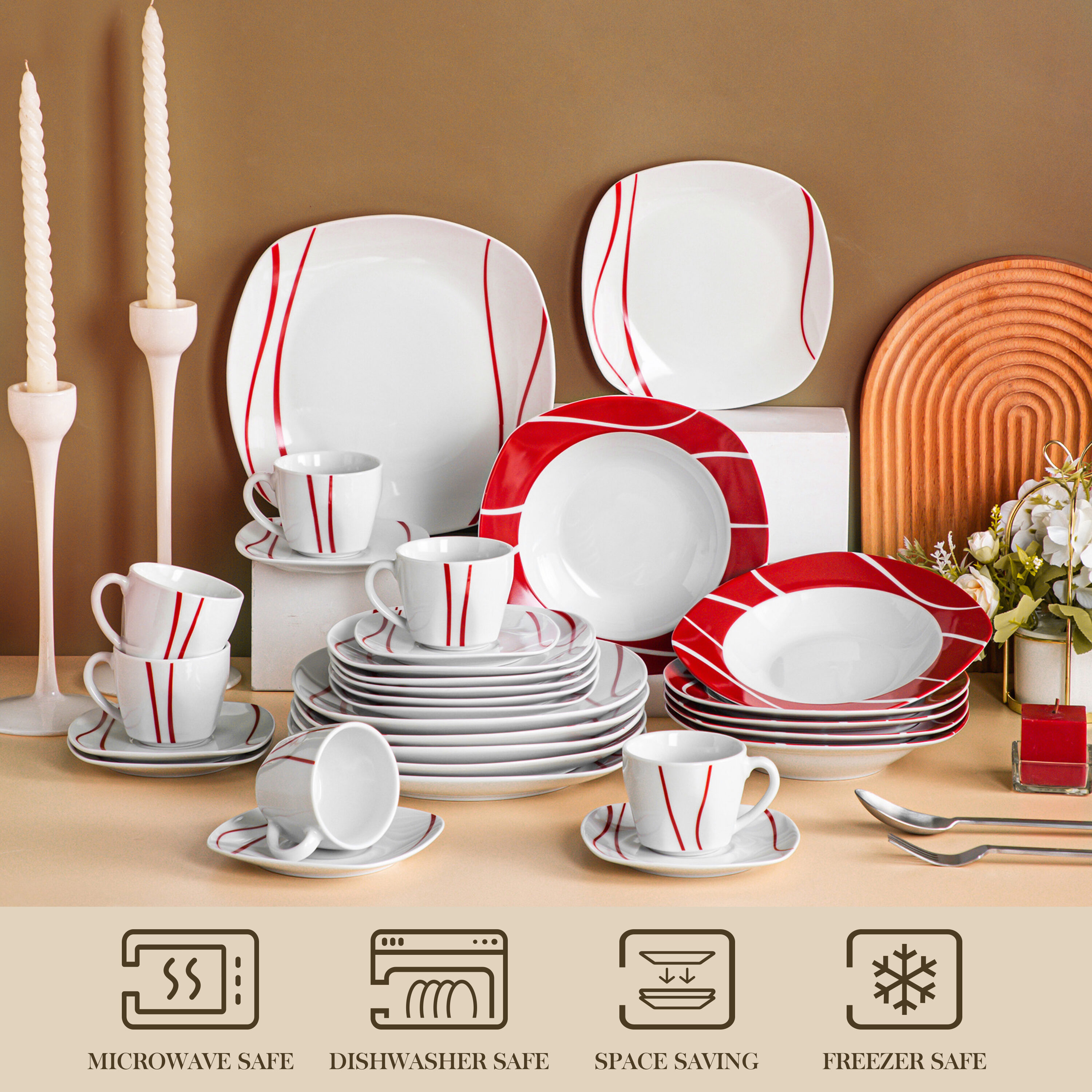 MALACASA Series Felisa, 18-Piece Porcelain Dinnerware Set Red