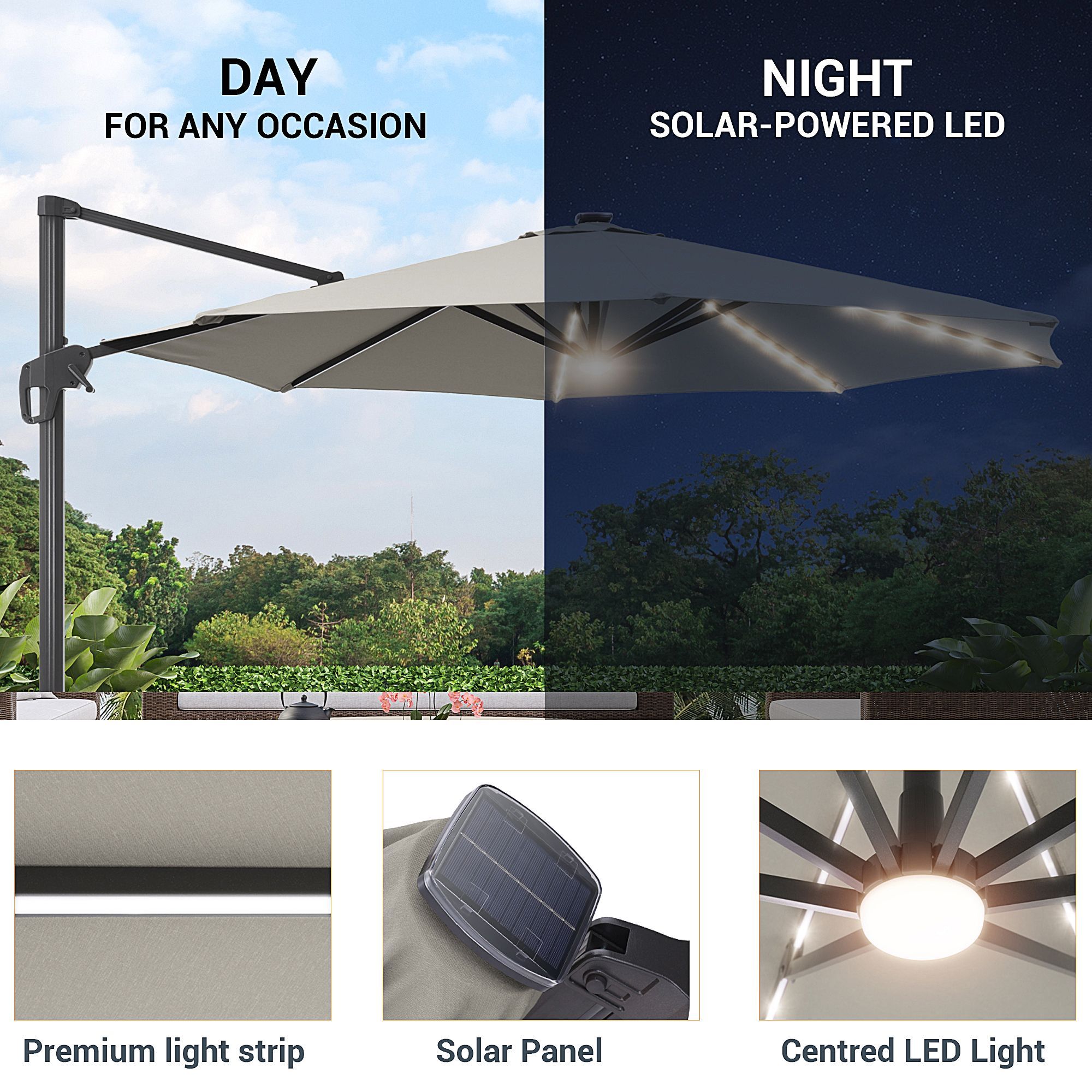 Sonkuki 11 Ft Aluminum Gray No Tilt Cantilever Patio Umbrella With Lights Sd 132gy Led At