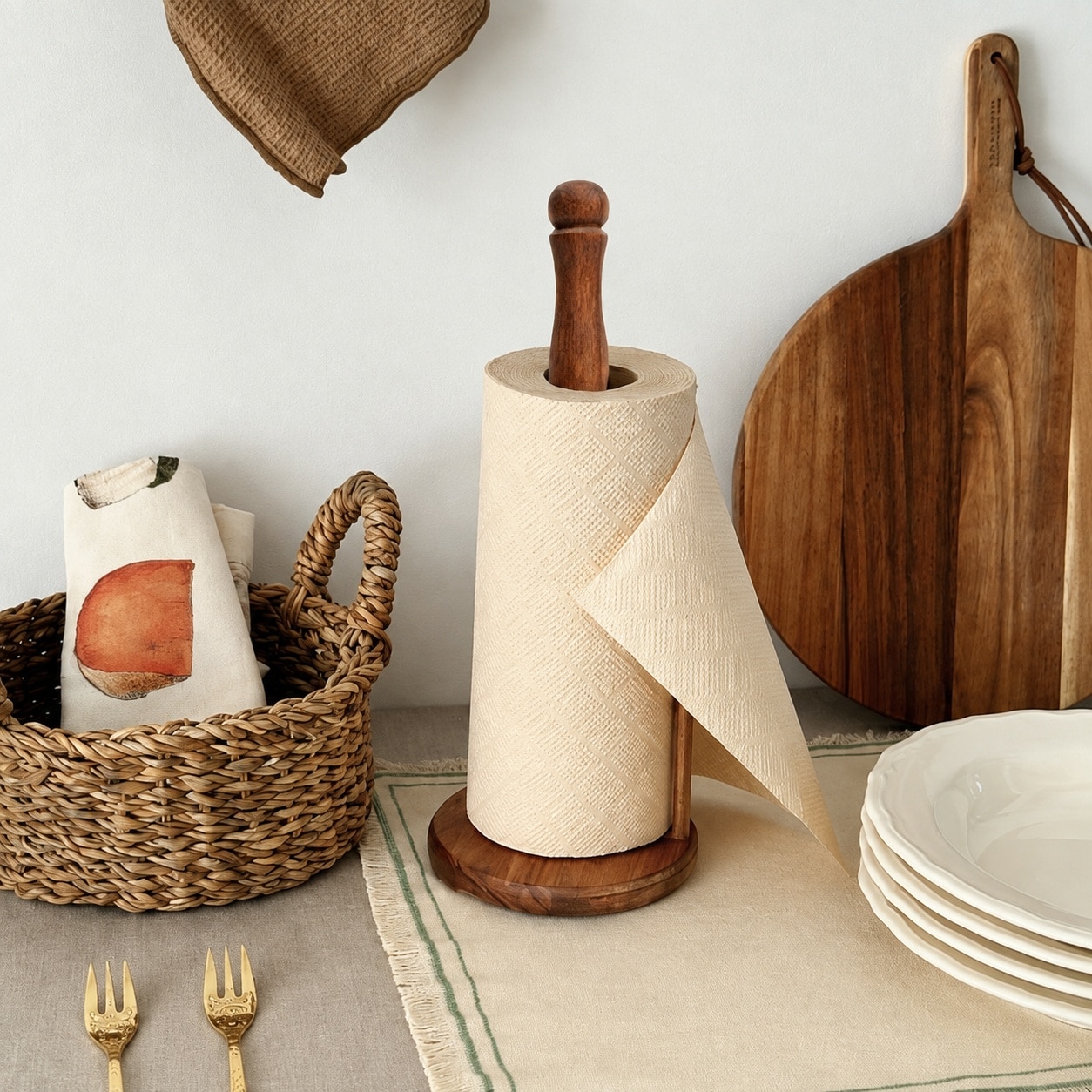 LILILIAN FMY  Wooden Paper Towel Holder Vintage Style Natural Acacia Wood Kitchen Roll Organizer with Double Rod Design and Stable Base