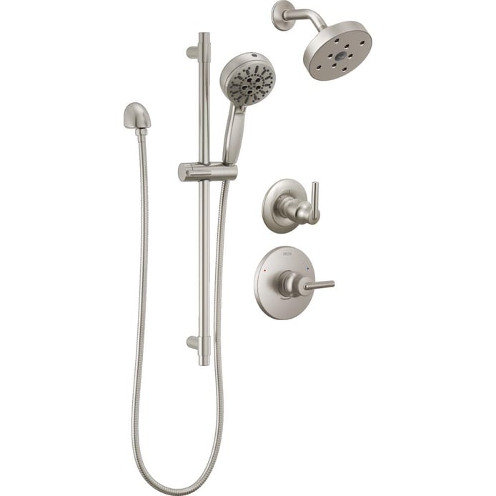 Delta Trinsic 3-Setting Stainless Custom Shower System with Stainless Shower Faucet, Pro Clean Slide Bar Hand Shower, Diverter Trim, MultiChoice Universal High Flow Rough, and Diverter Rough